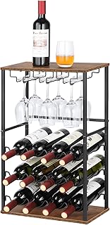 Wood Wine Rack, Countertop Wine Bar Rack, Wine Bar Cabinet with GlassBottle Holder, Metal and Wood Industrial Wine Cabinet for Home, Floor Liquor Wine Cabinet Storage, for Bar Kitchen Dining