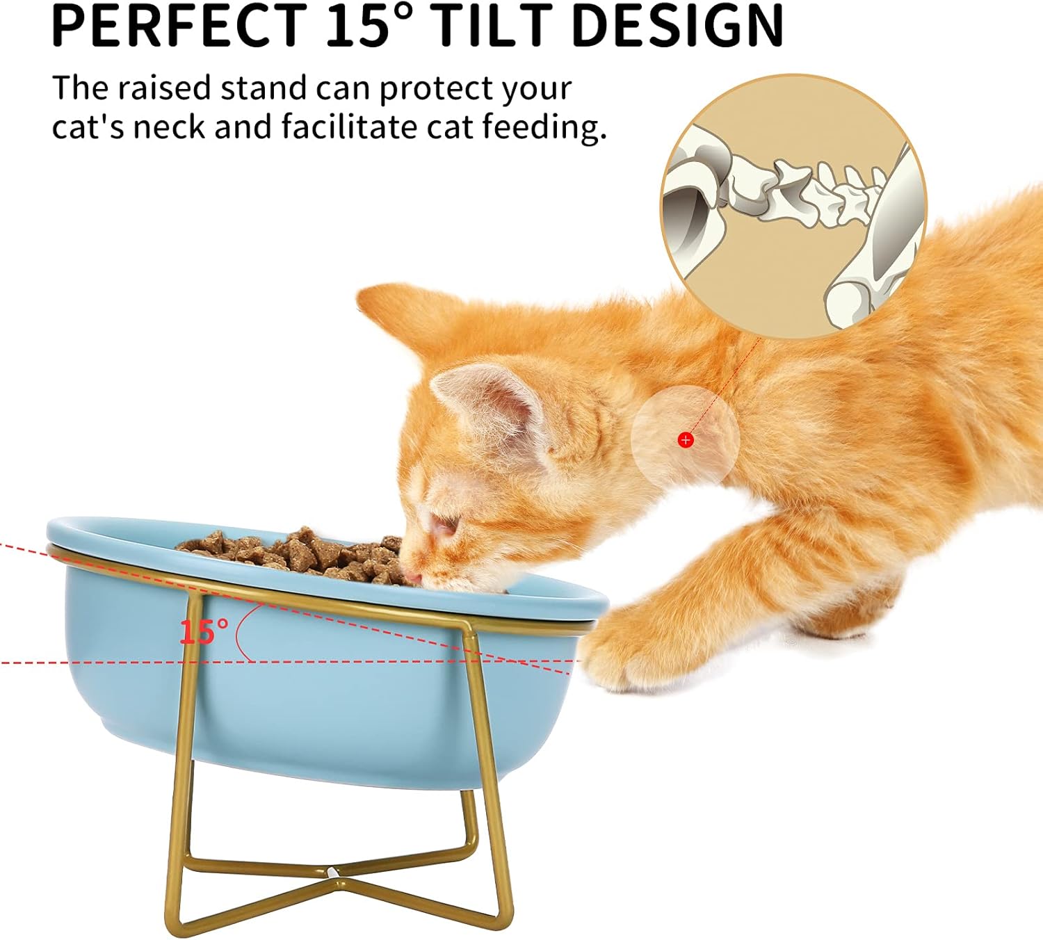 PETTOM Ceramic Cat Water Bowl, Raised Tilted Cat Bowls with Stand, Backflow Prevention Anti