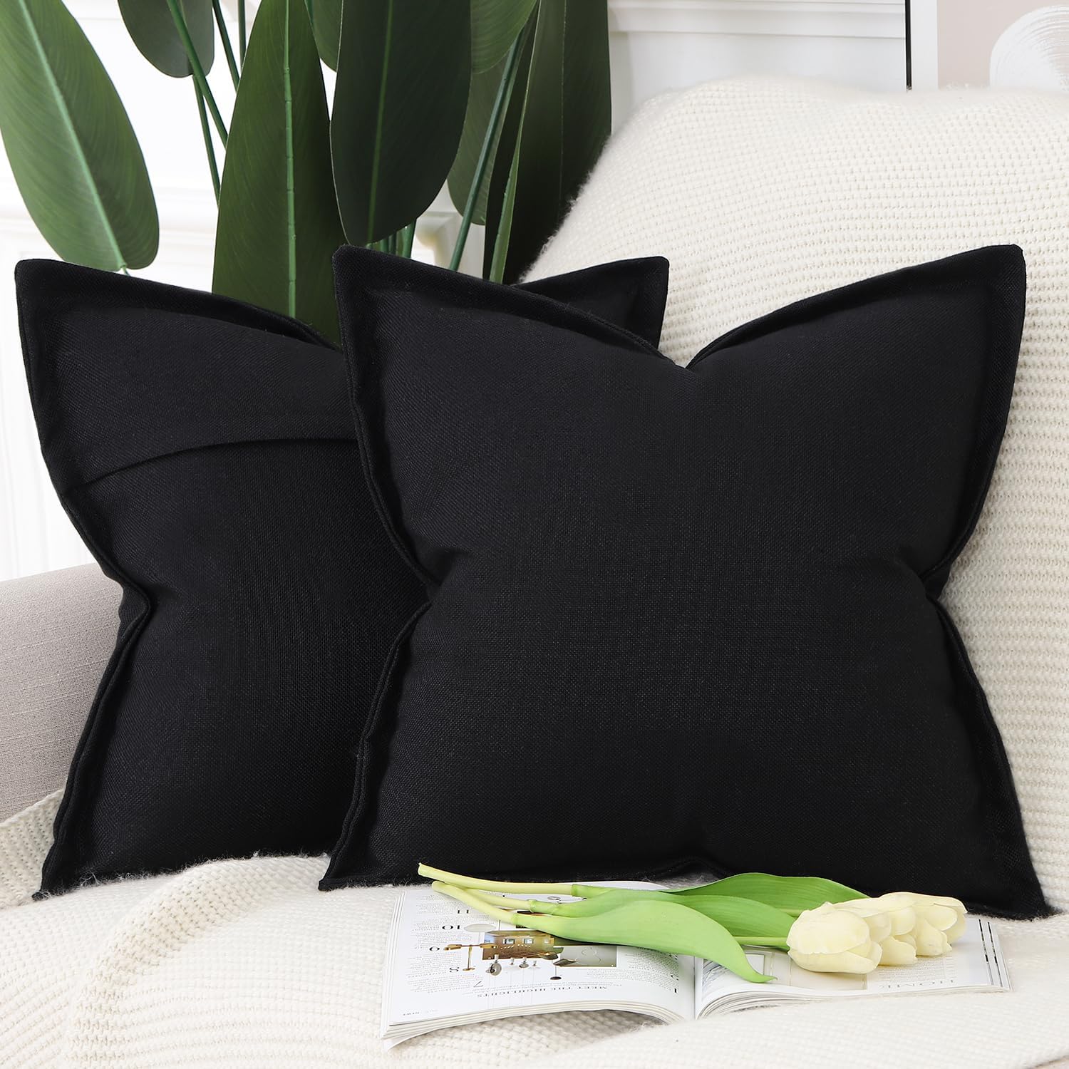 MADIZZ Set of 2 Linen Throw Pillow Covers with Broad Edge Soft Boho Decorative Pillow Cases for Sofa Bedroom Modern Pillow Shell 20x20 Inch Black
