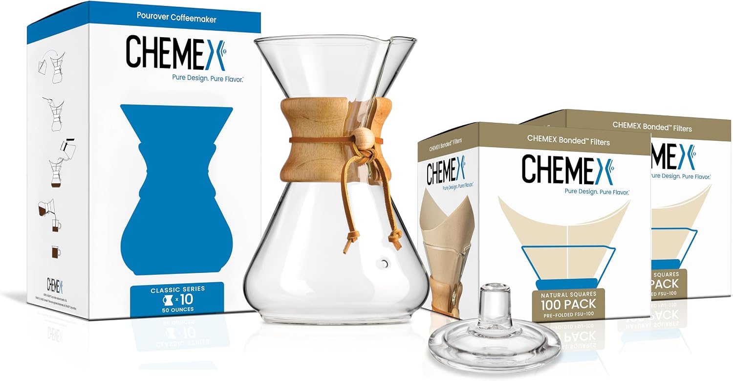 Chemex 10 Cup Pour Over Coffee Brewer Set, Glass Carafe, 200 Filters, 50oz