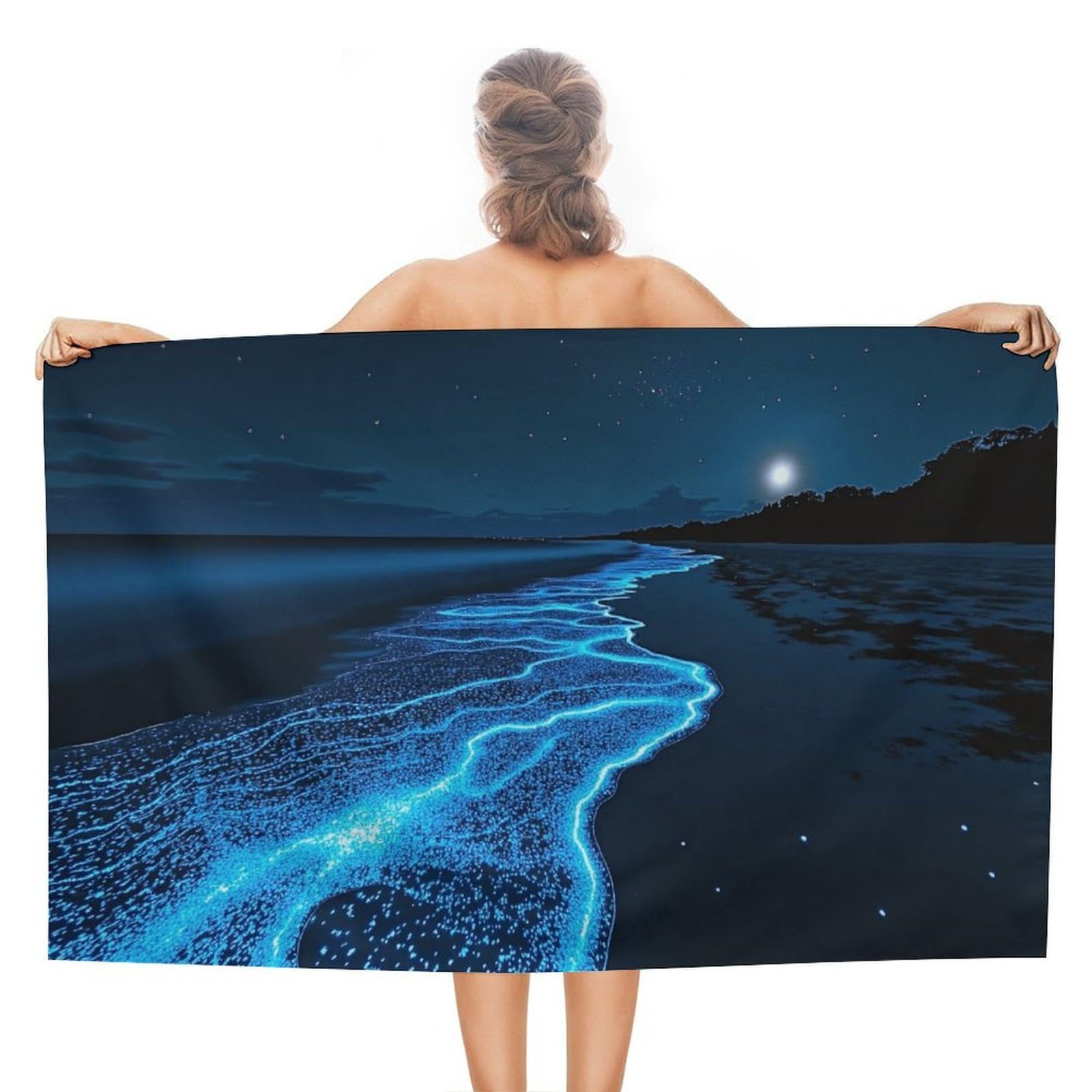 Anceky Glowing Night Beach Scene Beach Towel Microfiber Soft Absorbent Oversized Large Bath Towel Blanket Thin Quick Dry for Adults Swimming Pool Yoga Gym Travel 51"X31"