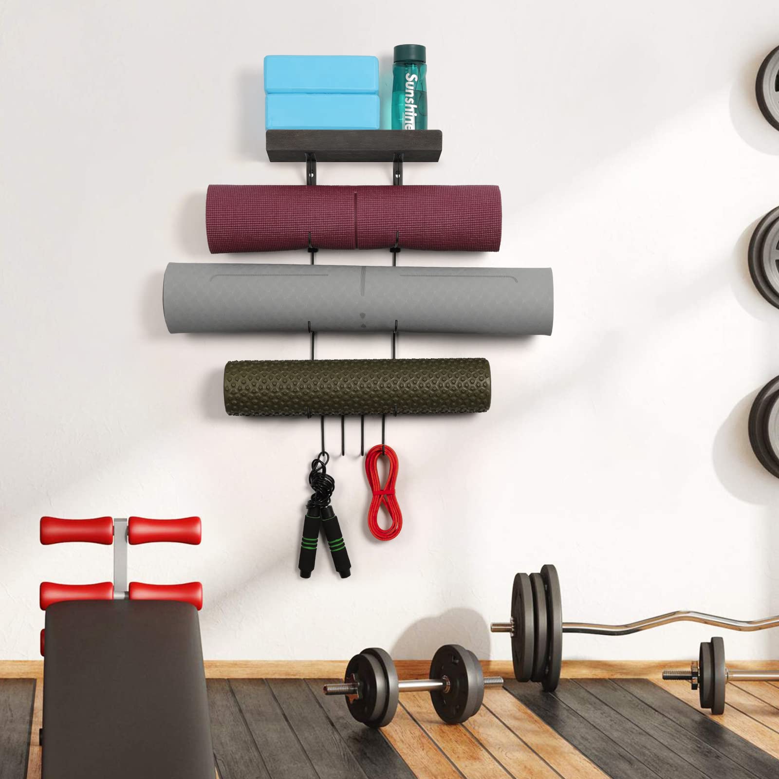 Bikoney Yogamattenhalter, Wandhalterung, Yogamatte, Aufbewahrung, Heim-Fitness-Zubehör mit schwebenden Holzregalen und 4 Haken zum Aufhängen von Schaumstoffrolle und Widerstandsbändern im Fitnesskurs