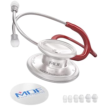 MDF Instruments, MD One Stainless Steel Premium Dual Head Stethoscope, Adult, Burgandy Tube, Silver Chestpieces-Headset, MDF77717