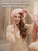 Vista 3 de Auban Gorro de ducha, gorro de ducha para mujer, forro de tela de rizo, EVA, exterior, reutilizable, doble capa, impermeable, gorra de baño grande