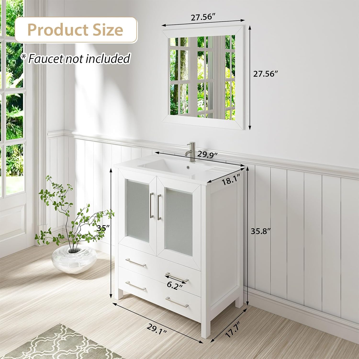 Vanity Art 30 Inch Under Mount Single Sink Bathroom Vanity Cabinet with 1 Mirror, Ceramic Top Bathroom Cabinet Compact Set with 2 Dovetail Storage Drawers and Brushed Nickel Handles, VA3030-W