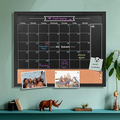 Miniatura 7 de TORASO Pizarra magnética con calendario y corcho, 18 x 22 pulgadas, combinación de pizarra de tiza y tablero de anuncios, pizarra con marco de