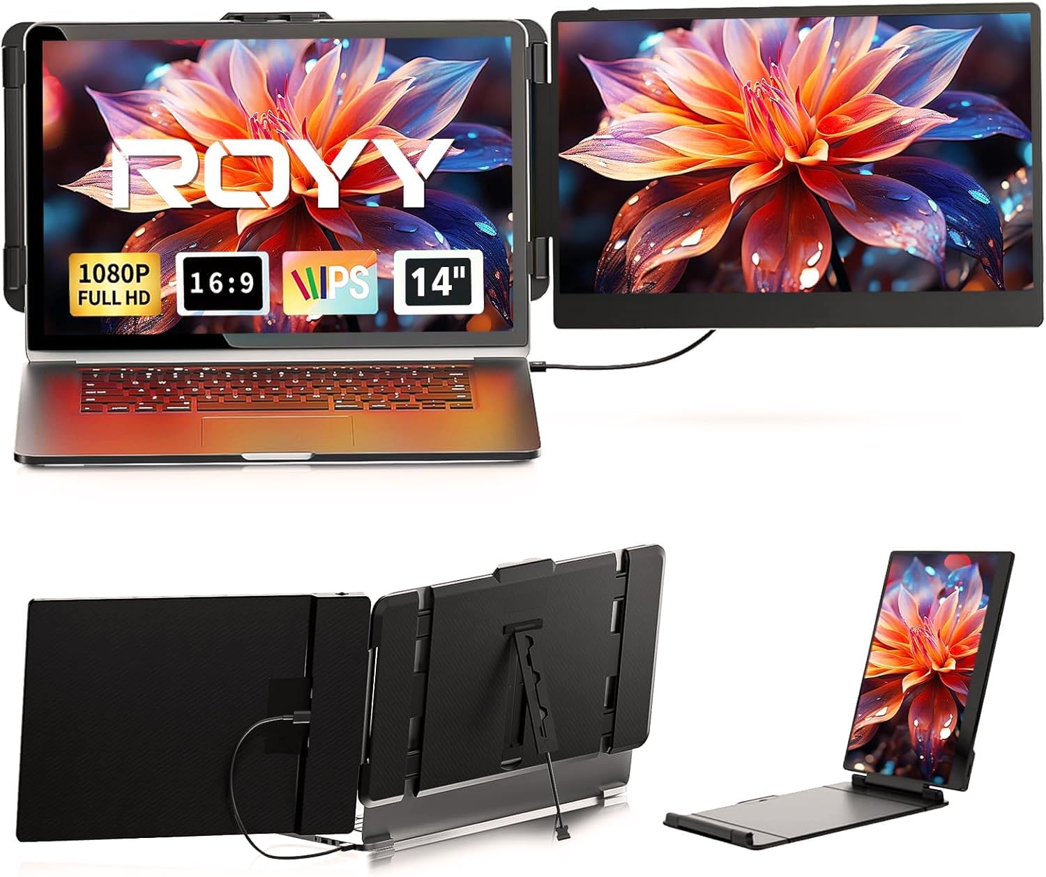 ROYY Dual Monitor Laptop Screen Extender - 14 Inch Portable Monitor IPS FHD 1080P Display Attached Extra Extended Screen USB-C/HDMI Port Compatible with Wins Mac Dex Chrome Work