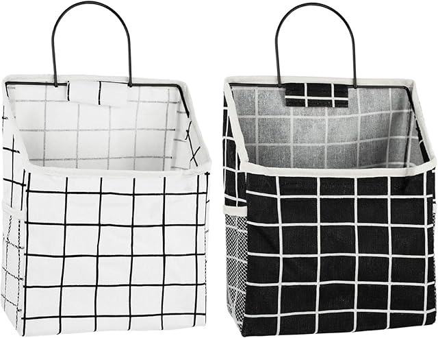 MERYSAN 2Pcs Wall Hanging Storage Bag, Waterproof Over the Door Closet Organizer with Metal Frame, Stylish Hanging Pocket Linen Cotton Pouch Box Containers for Bedroom Bathroom Desktop(Black/White)