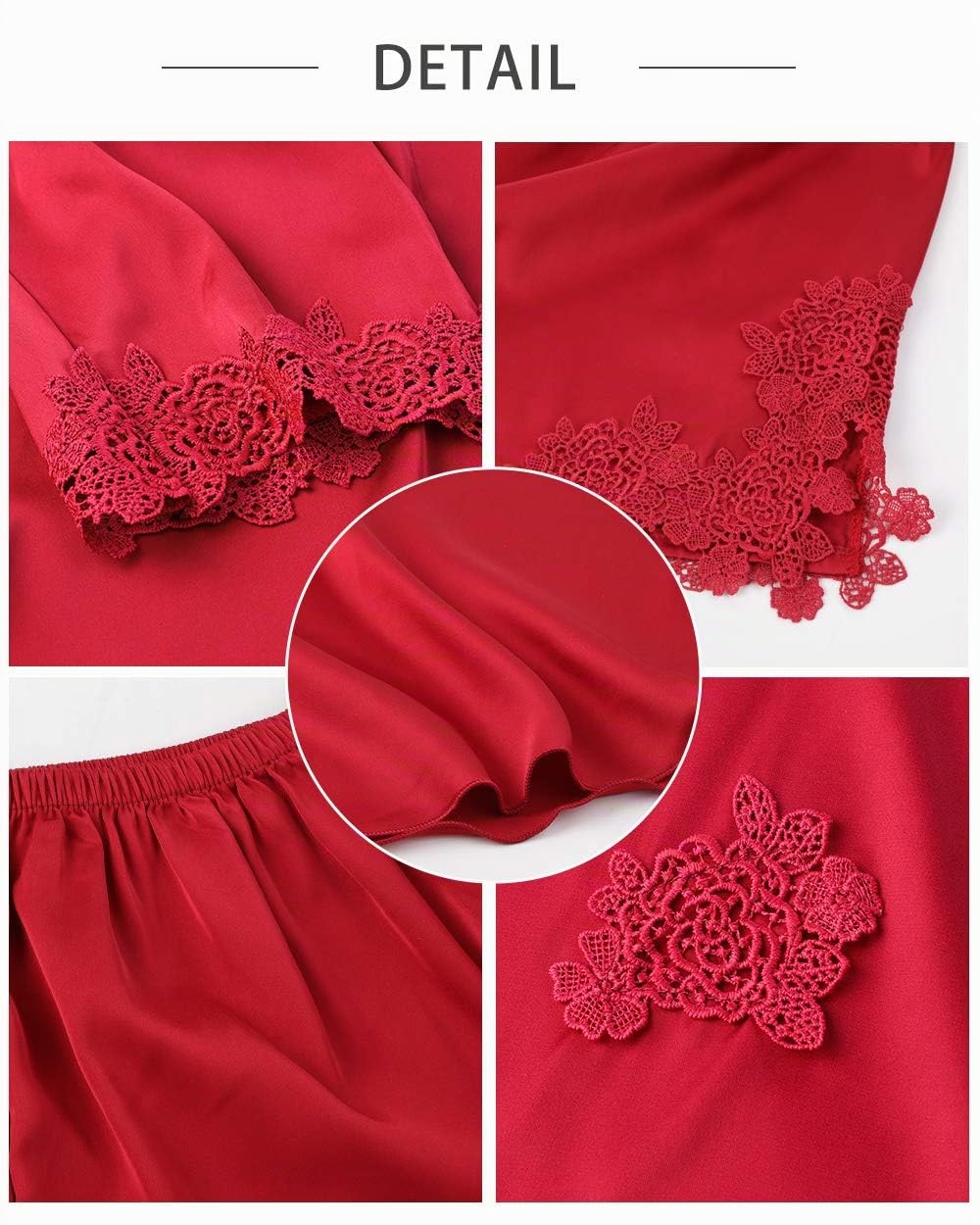 Superora 5PC Schlafanzüge Nachthemd Set für Damen Satin Morgenmantel Spitze Lace Bademantel Shorts Rock Hosen