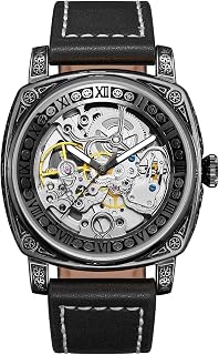 Men’s Automatic Watch Carved Stainless Steel Case Self-Wind Mechanical 40mm Hollow Out Skeleton Dial Genuine Leather Band Waterproof Analog Wrist Watch