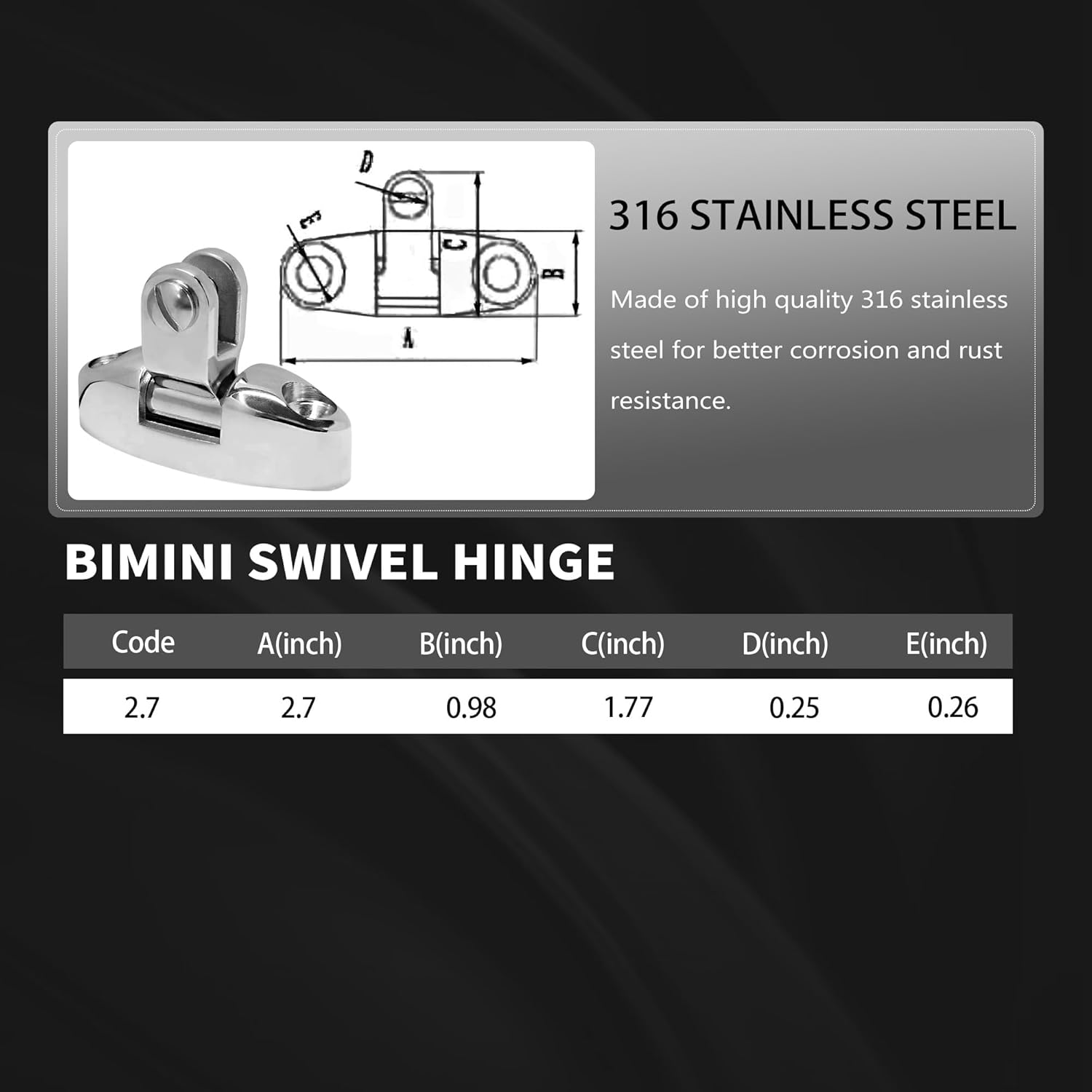 Bimini Top Swivel Deck Hinge with Removable Pin Stainless Steel 316 Marine Grade 180 Degree Adjustable Bimini Top Hardware Swivel Side Mount Quick Release Hinge with Screws