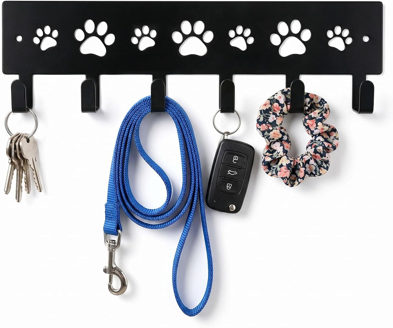 Dog Leash Black Key Holder for Wall with 6 Hooks, Metal Key Holder Wall Mount Rack Hanger Organizer Decorative Paw Print for Entryway Living Room Kitchen Pet Harness Lanyard Coat Dog Lover Gifts