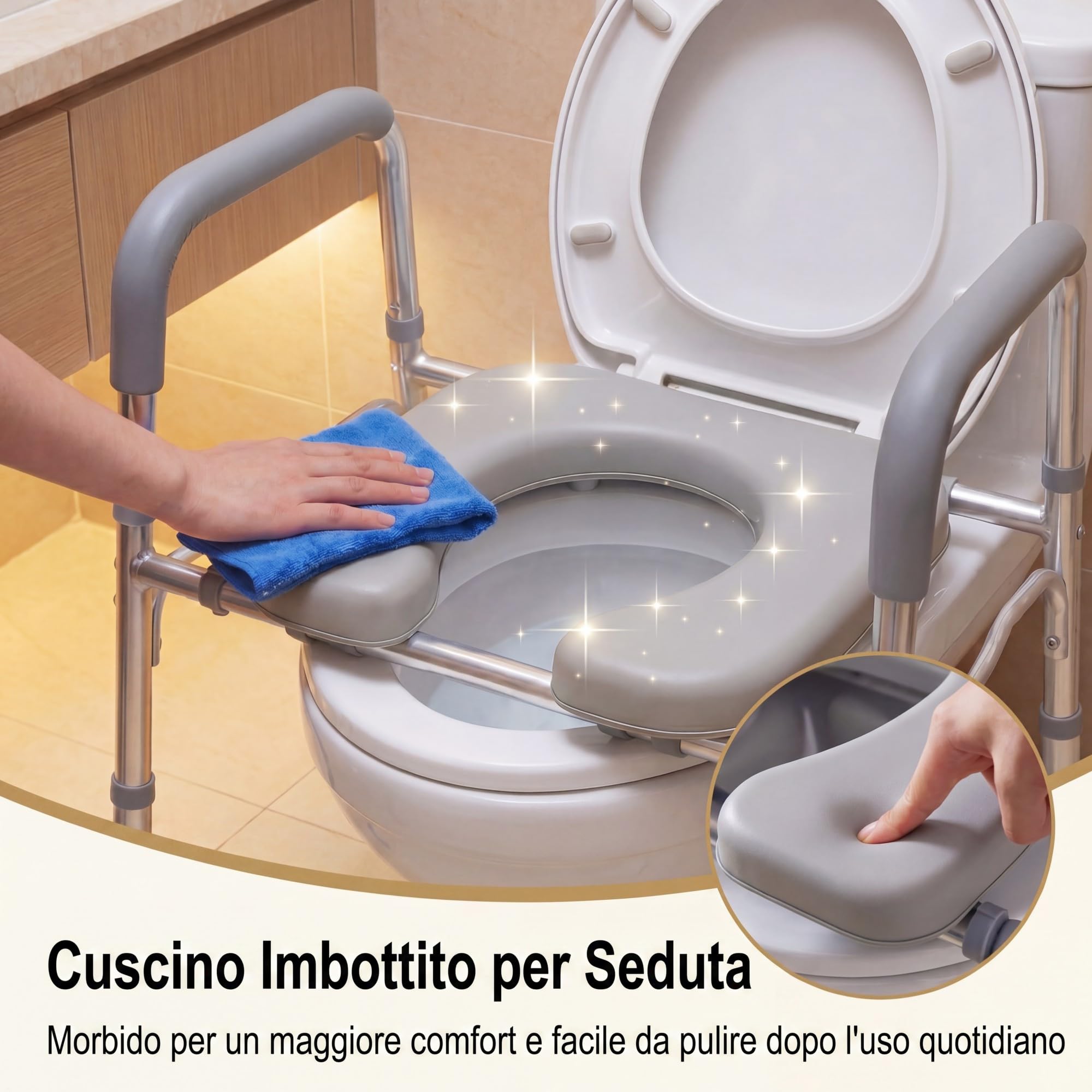 RELAX4LIFE Rialzo WC per Anziani, Sedile WC Rialzato con Portacarta Igienica e Tasca Portaoggetti, Altezza Regolabile, Telaio in Alluminio, Alzata Water per Anziani