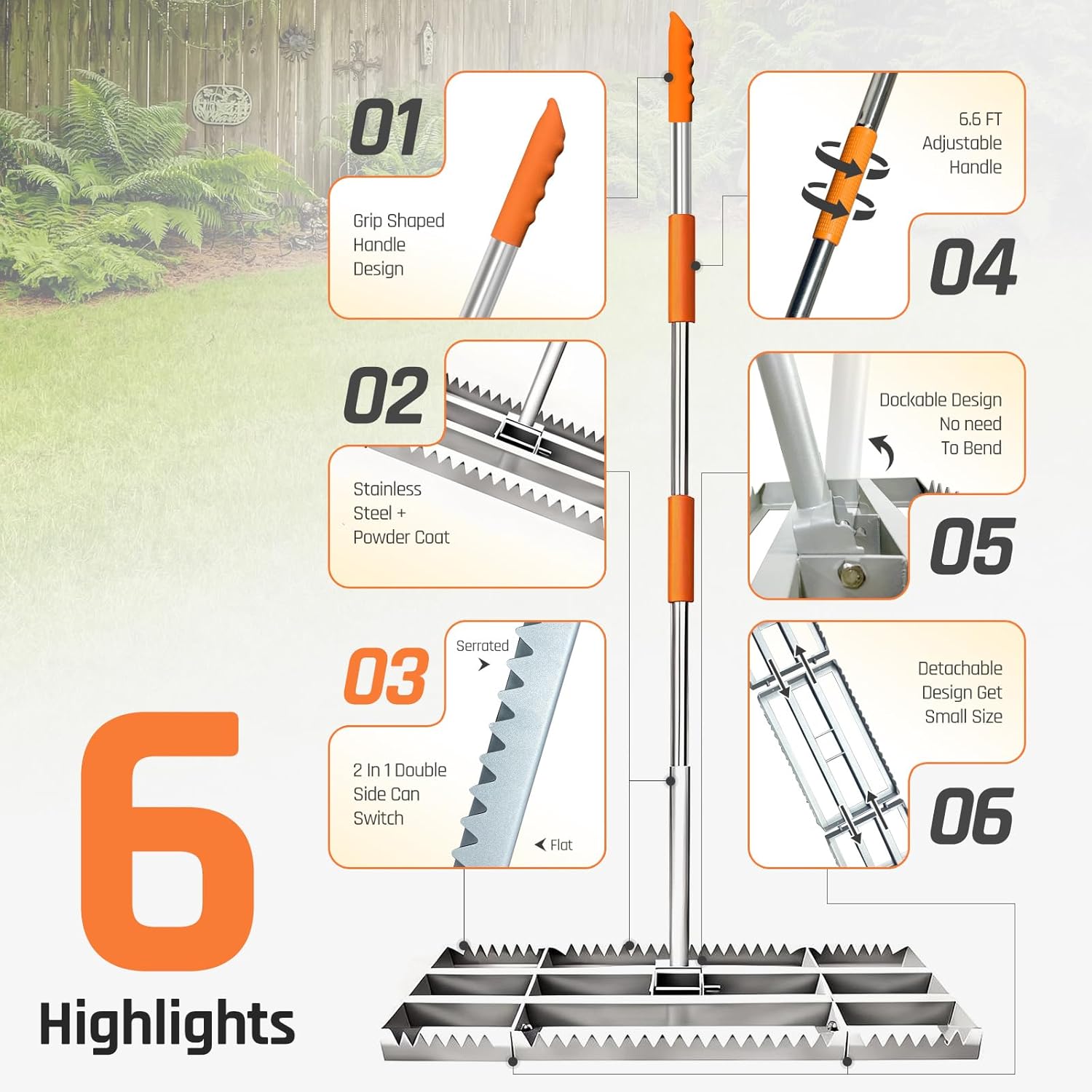 Lawn Leveling Rake, 2-in-1 Double-Side Leveler with 20 Marking Flags for Low Spot, 30" Heavy Duty Stainless + Powder Coated Landscape Rake, Flat & Serrated Side for Soil Dirt Sand Gravel, Yard Garden