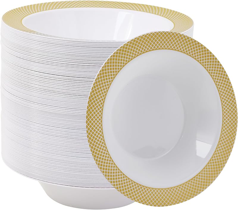 Plastic Bowls with Gold Grid Rim Disposable 12oz Bolws 100Pack | Disposable Dinner Bowls, Dessert Bowls for Party, Dinners, Catering, Thanksgiving and Everyday Use