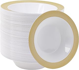 JOLLY CHEF 100 Disposable Plastic Bowls, 12oz Heavy Duty Disposable Dinner Bowls, Dessert Bowls with Gold Rim for Parties or Weddings