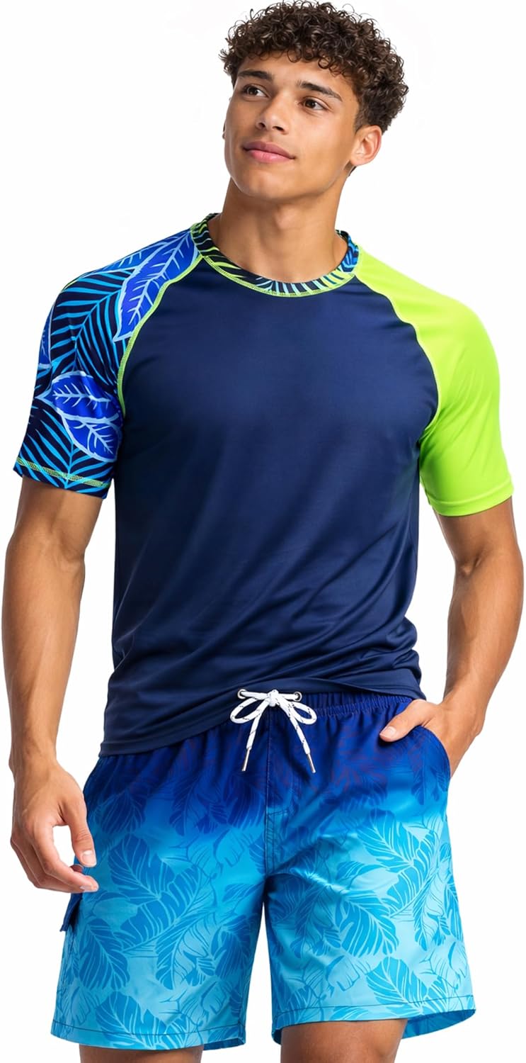 2-Pack Swim Shirts for Men UPF 50+ Loose Fit Rash Guard, Quick Dry UV Sun Protection Short Sleeve Shirt