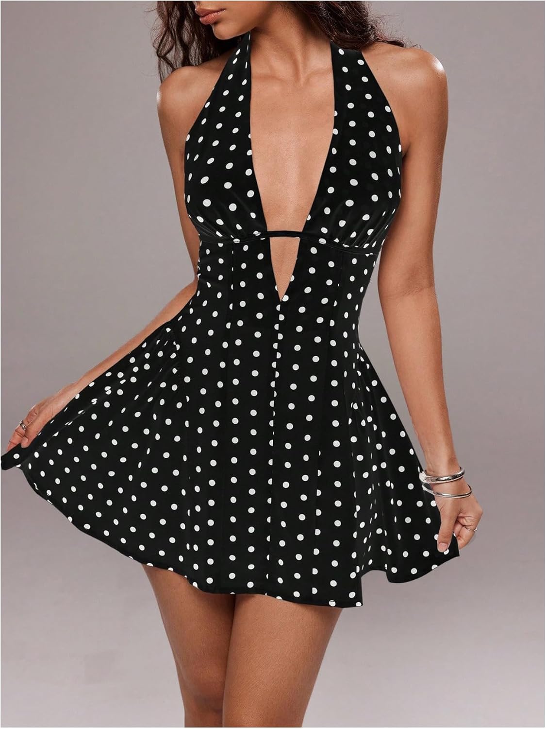 Floerns Women's Cute Vacation Vintage Polka Dots Deep V Neck Halter Dress Ruffle Backless Sleeveless A Line Mini Dresses - Image 4