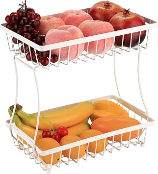IBWell Large 2 Tier Fruit Basket for Basket for Bread Snack Fruit Vegetable White Kitchen Counter Organizer and Storage Bread Holder for Kitchen Counter
