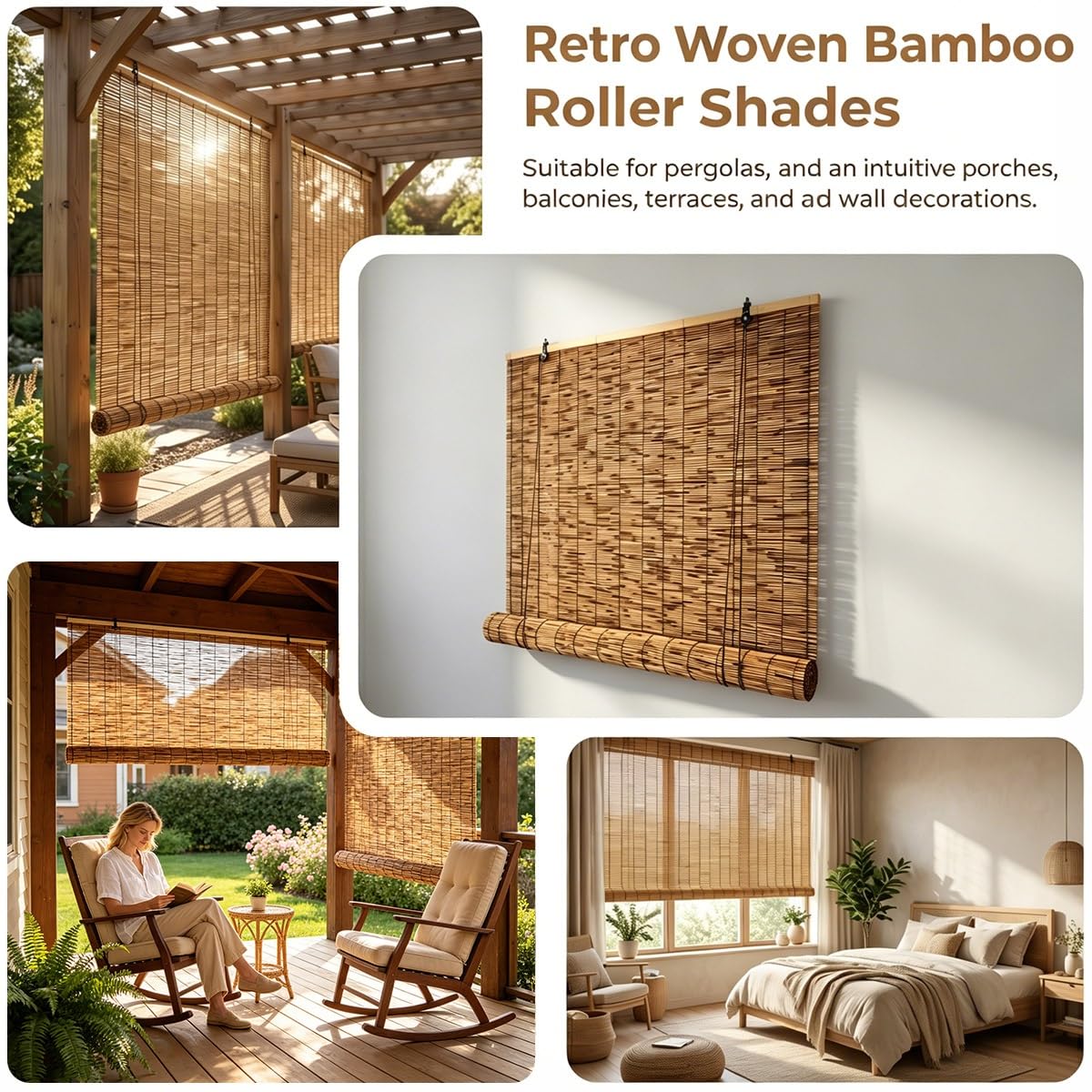 Store Bambou Intérieur sans Percage, 80 100 120 130 135 140 145 155 160 cm Store Enrouleur Bambou Naturel, Rideau Thermique Occultant pour Pergola Balcon Terrasse(W140 cm x H240 cm)