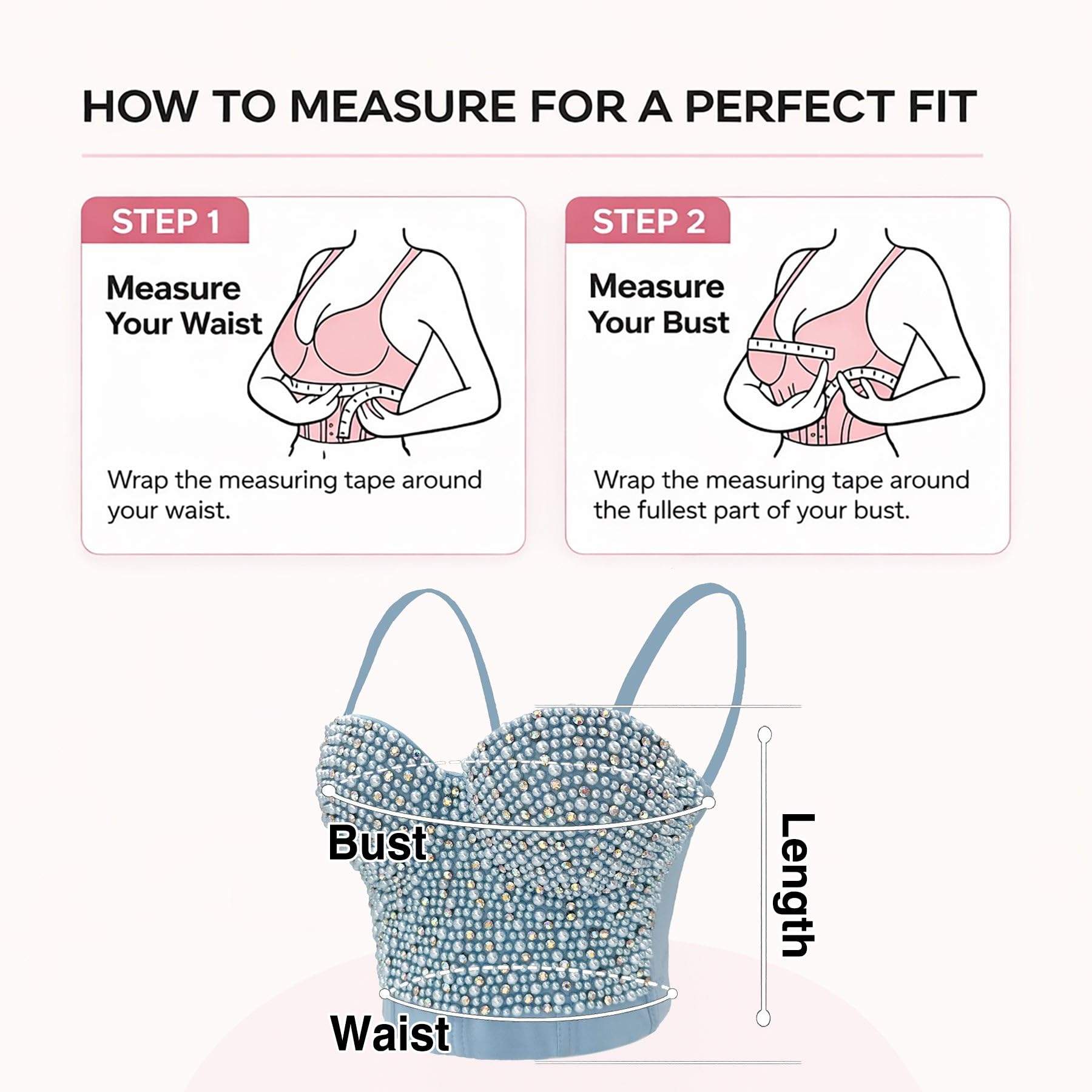ELLACCI Sexy Bustier mit Perlen und Strasssteinen, bauchfreies Top, Push-Up-Korsett-Top mit abnehmbaren Trägern, Blau
