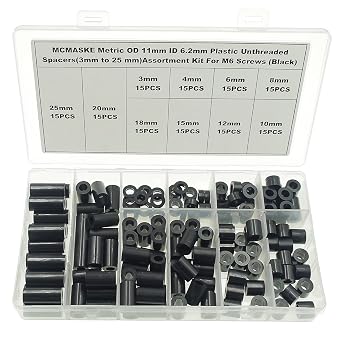 OD 11mm0.433" ID 6.2mm0.244" Plastic Unthreaded Spacers Assortment;Wall Plate spacers for M6 Screws;Clearance Spacers;Round Spacers;3mm to 25 mm LengthsBlack
