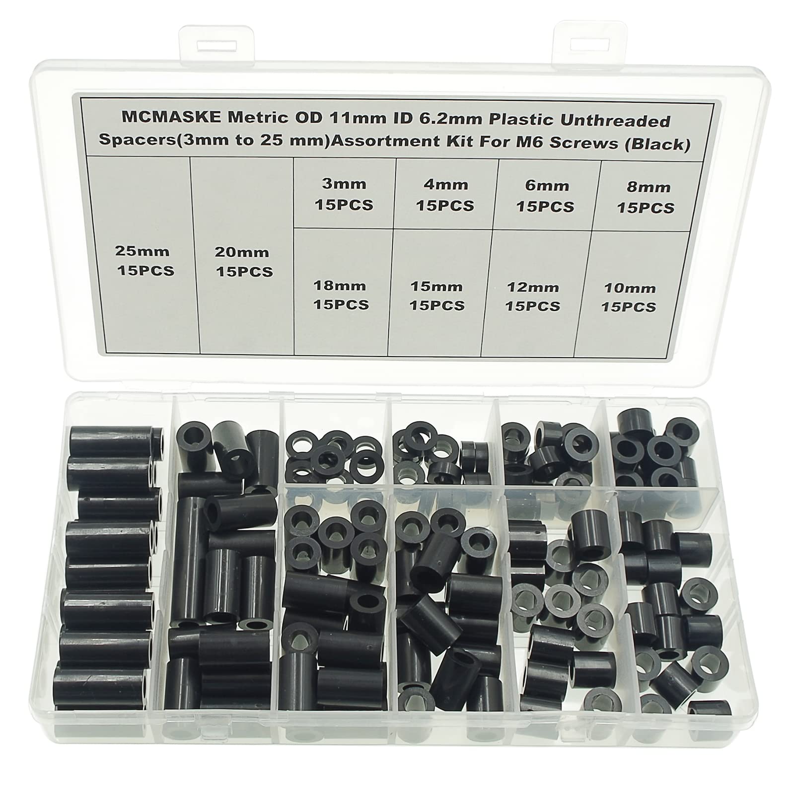 MCMASKE OD 11mm(0.433") ID 6.2mm(0.244") Plastic Unthreaded Spacers Assortment;Wall Plate spacers for M6 Screws;Clearance Spacers;Round Spacers;3mm to