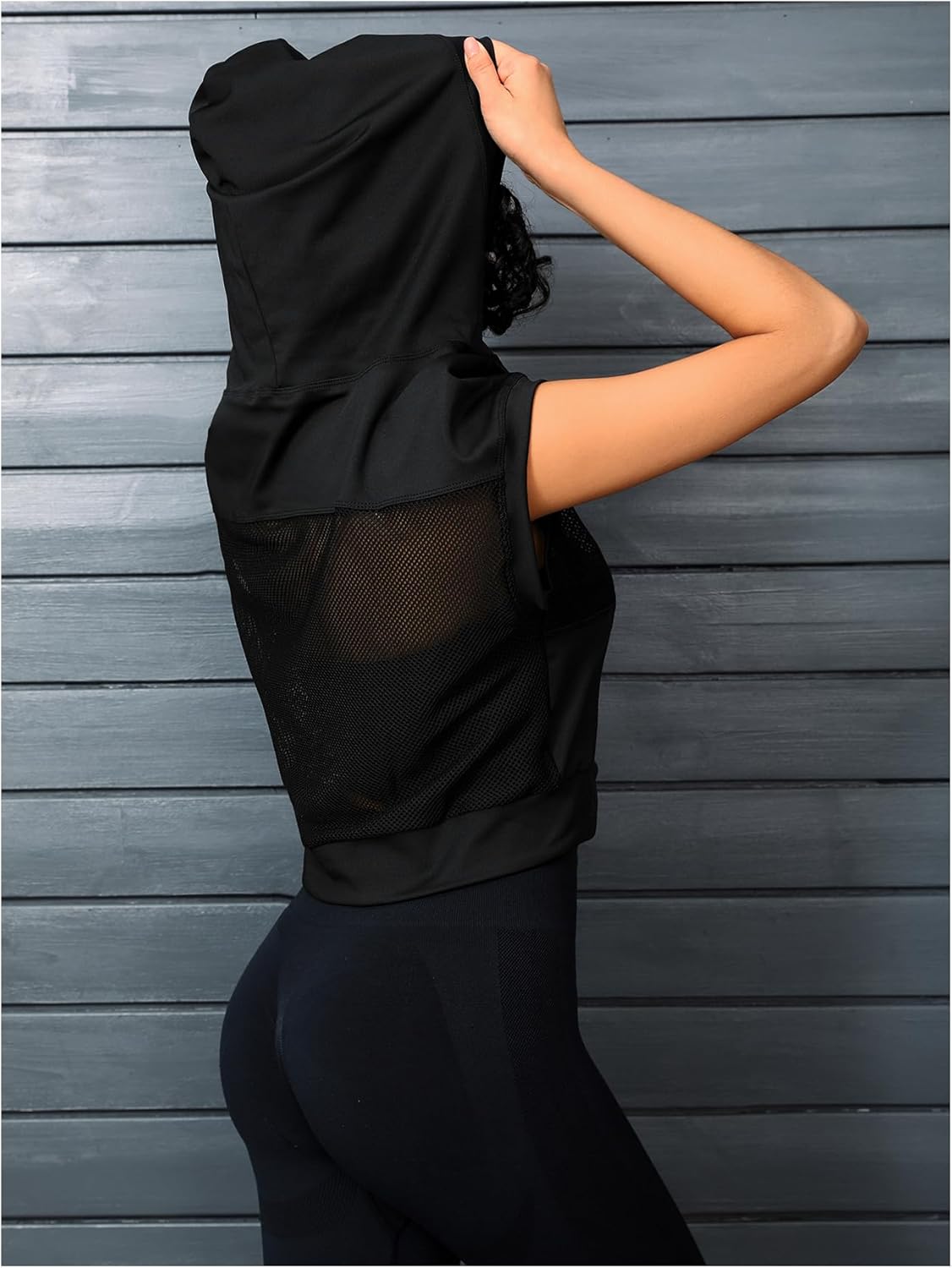 SweatyRocks Women's Fishnet Mesh Short Sleeve Hoodie Casual Solid Athletic Workout Sweatshirts Tank Tops - Image 3