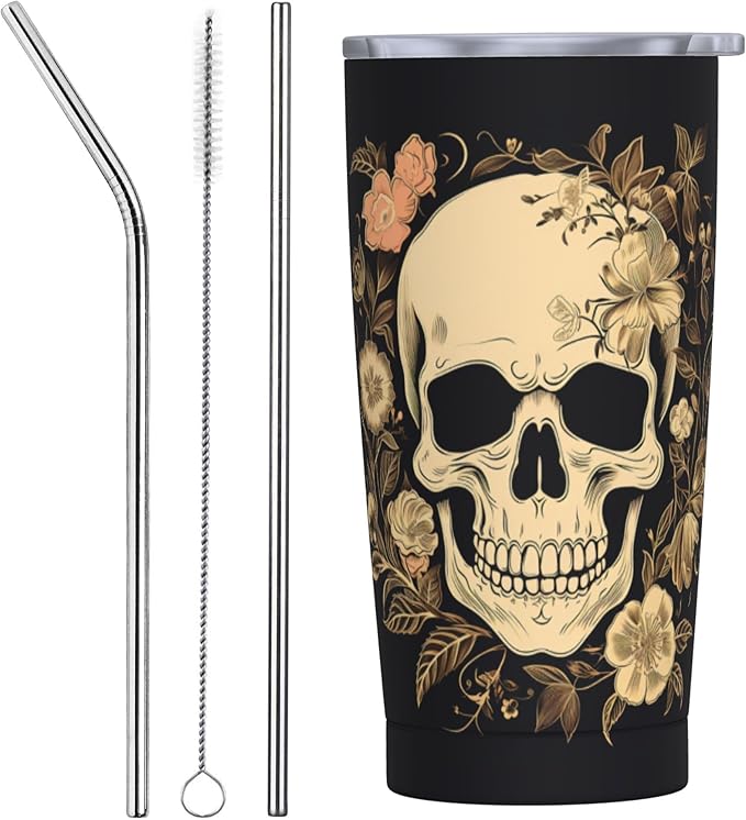 Skull Tumbler with Lid and Straw Insulated Travel Coffee Mug 20oz Double Wall Vacuum Stainless Steel Water Bottle Cup for Women Keep Cold or Hot