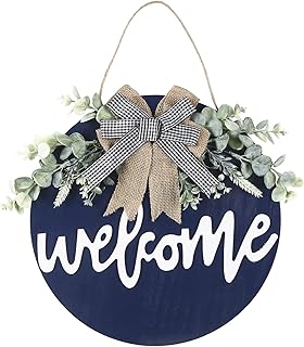 Sattiyrch Welcome Sign for Front Door Round Wood Sign Hanging for Farmhouse porch Door Decoration (Blue)