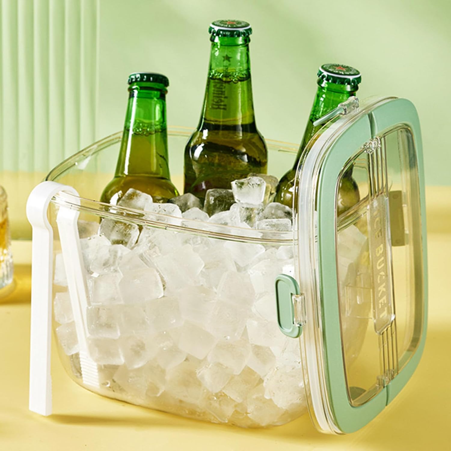 6.7l ice cube storage bin with sealed lid for freezer clear ice bucket w/ tong for bar hotel refrigerator containers for home beverage cooler for whiskey wine beers party outdoor 8.5*6.6*7.4in 6.7l green