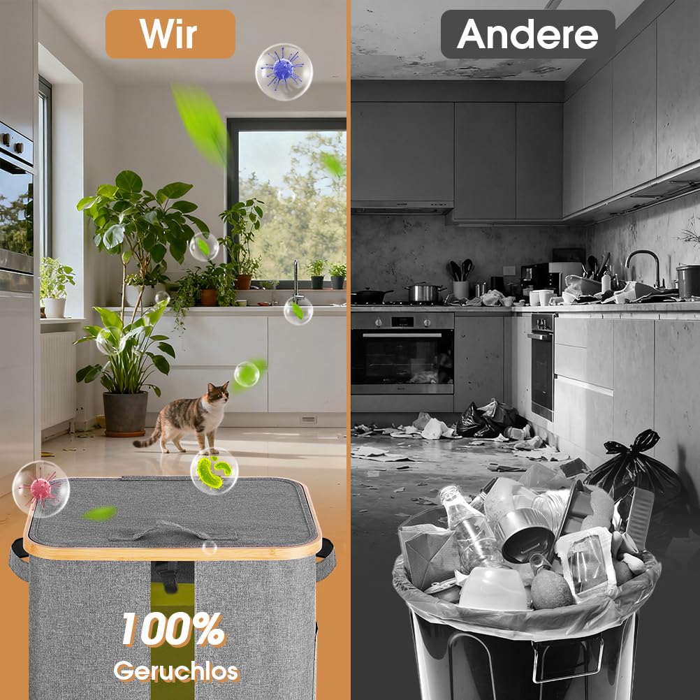 OUSFOT Gelber Sack Ständer 100L, Gelber Sack Mülleimer Integrierte 4 Clips Doppelgriffe Reißverschlussdesign auf der Rückseite Grau, für Wohnzimmer, Küche 【Keine Innentasche】