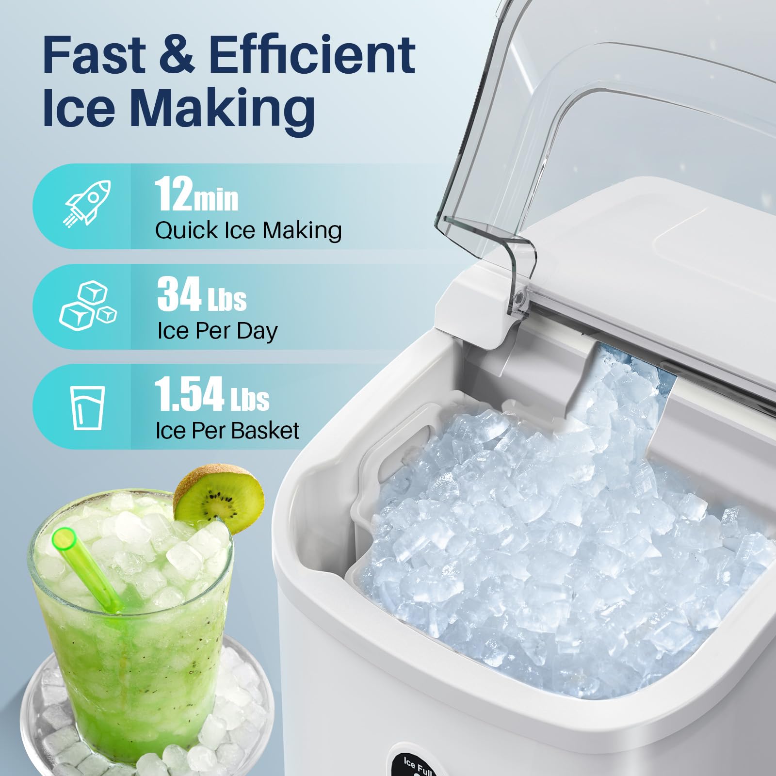 FREE VILLAGE Nugget Ice Makers Countertop, Pebble Ice Maker Machine with Soft Chewable Ice, 34Lbs/Day, Self-Cleaning, One-Click Operation, Pellet Ice Maker with Ice Scoop for Home Kitchen Office Bar on Fridge.com