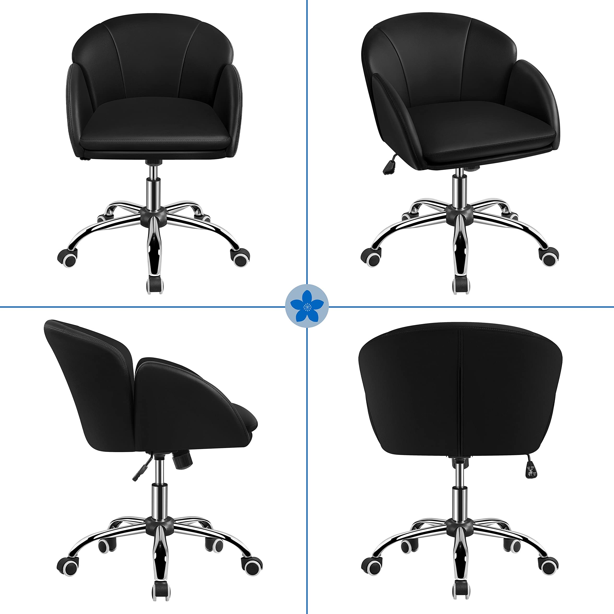Yaheetech Homeoffice Stuhl, Blütenblatt-Design Schminkstuhl, Schwarz | Schreibtischstuhl mit Wippfunktion, bis 136 kg belastbar, mit Armlehnen für Schlafzimmer, Büro, Wohnzimmer, Kunstleder