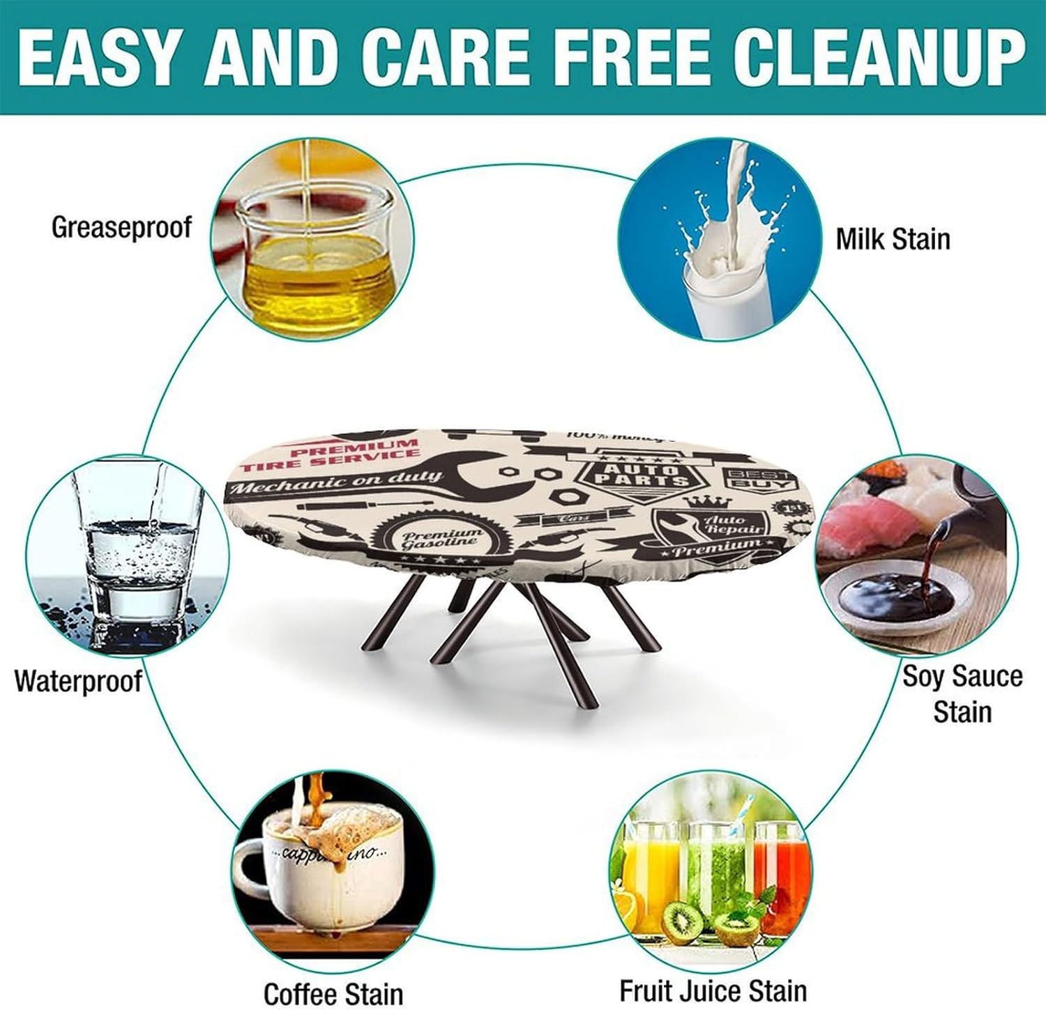 Tools Print Oval Tablecloth Greaseproof Waterproof Elastic Large Oval Tablecloth Oval Fitted Tablecloth for Dining Table Buffet Parties and Camping Fits for 48" x 68" Oval Table