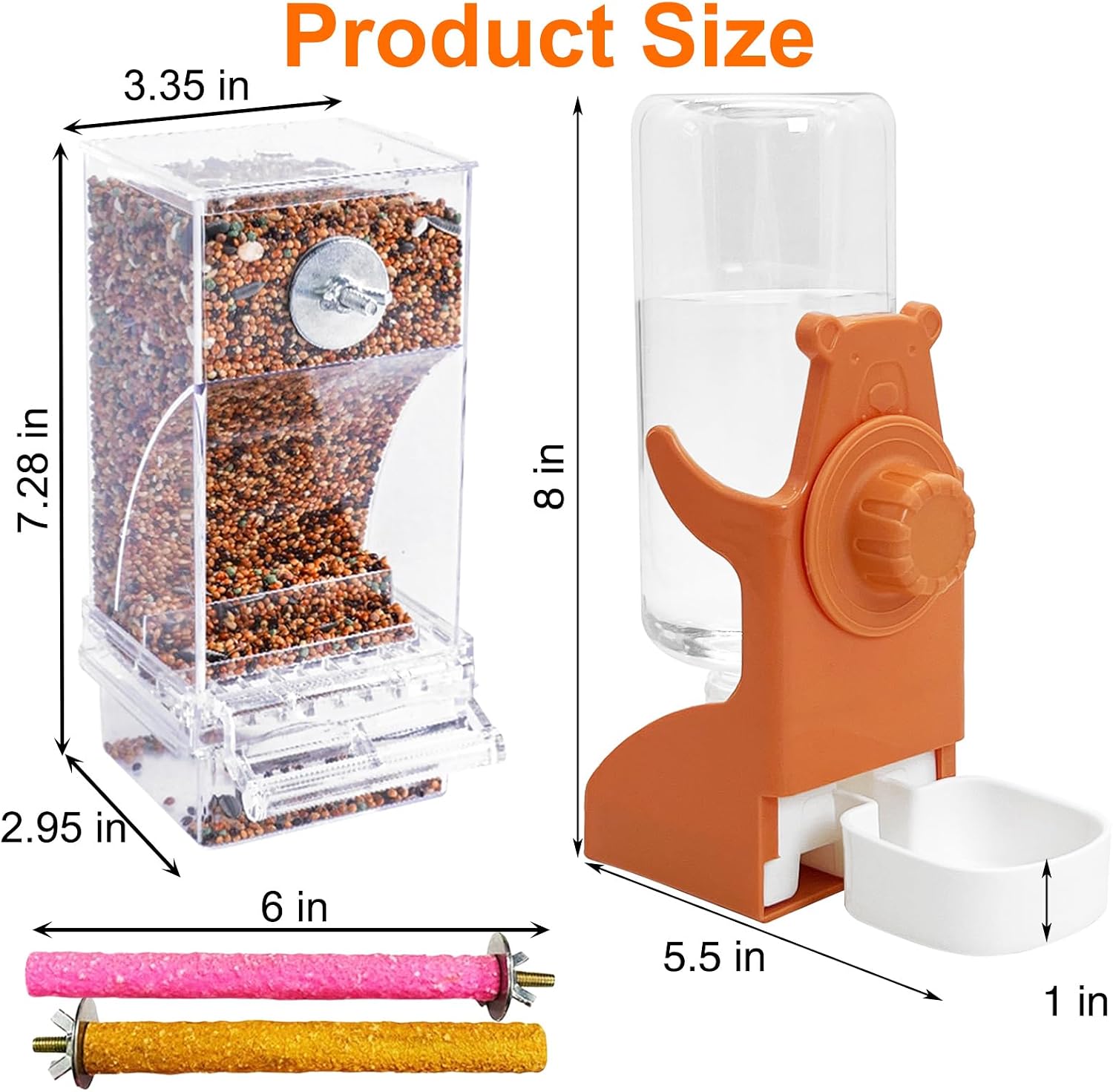 VCEPJH No Mess Bird Feeder and Water Dispenser Automatic Parrot Feeder Cage Accessories Orange Bird Drinker Parakeet Seed Dispenser with Cage Perch for Lovebirds Conures Budgies Canary Finch (Orange) image 2