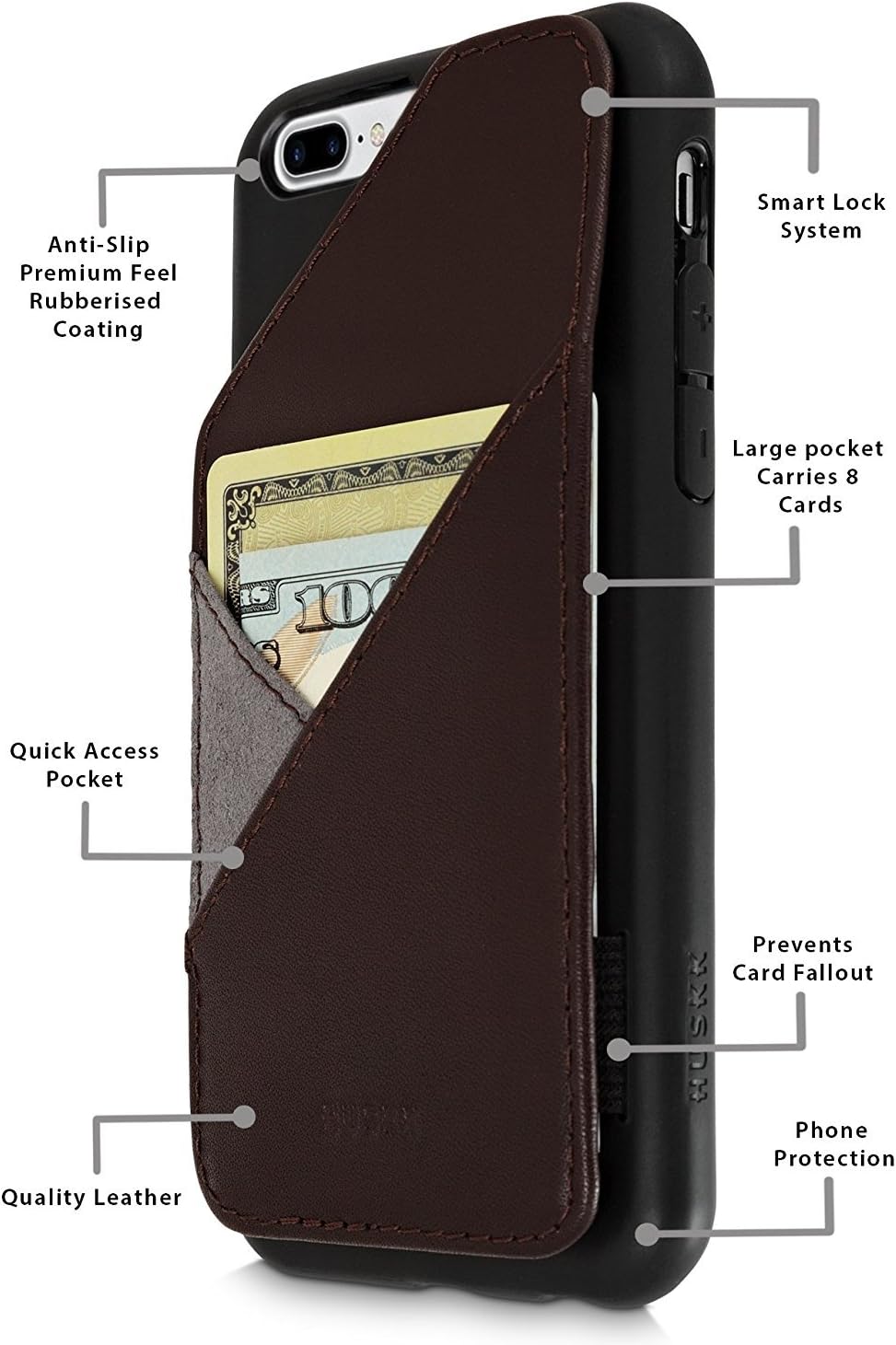 iPhone 7 Plus Slim Leather Wallet Case - Up to 8 Cards Plus Cash - Quickdraw by HUSKK - Top Grain Leather Dark Brown
