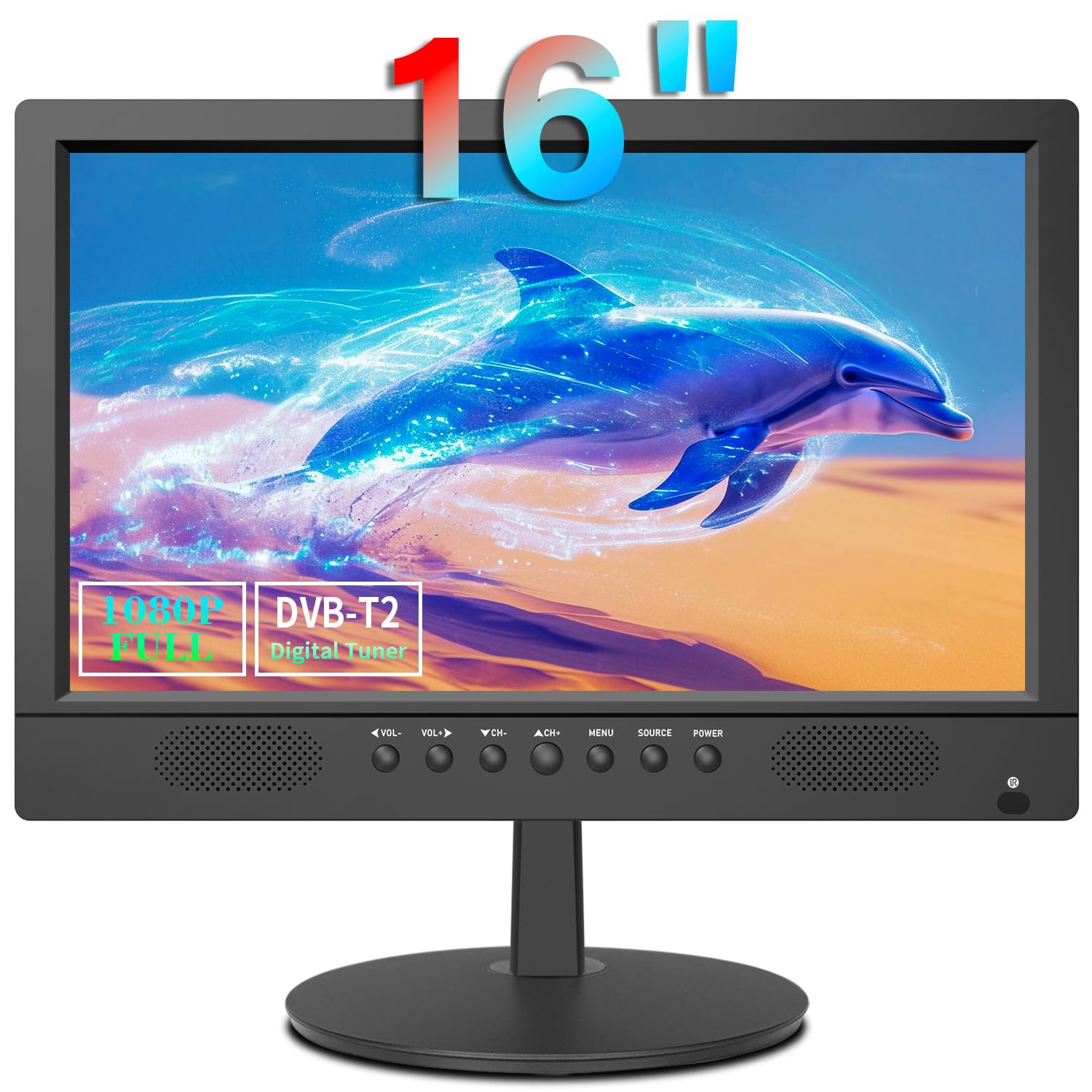 KCR 15,6 inch IPS 720P Freeview TV-kabel, HDTV DVB-T2 tuner, AV-ingang, HDMI/VGA PC-monitor, USB-sleuf, afstandsbediening, auto (12 volt) goud handen power