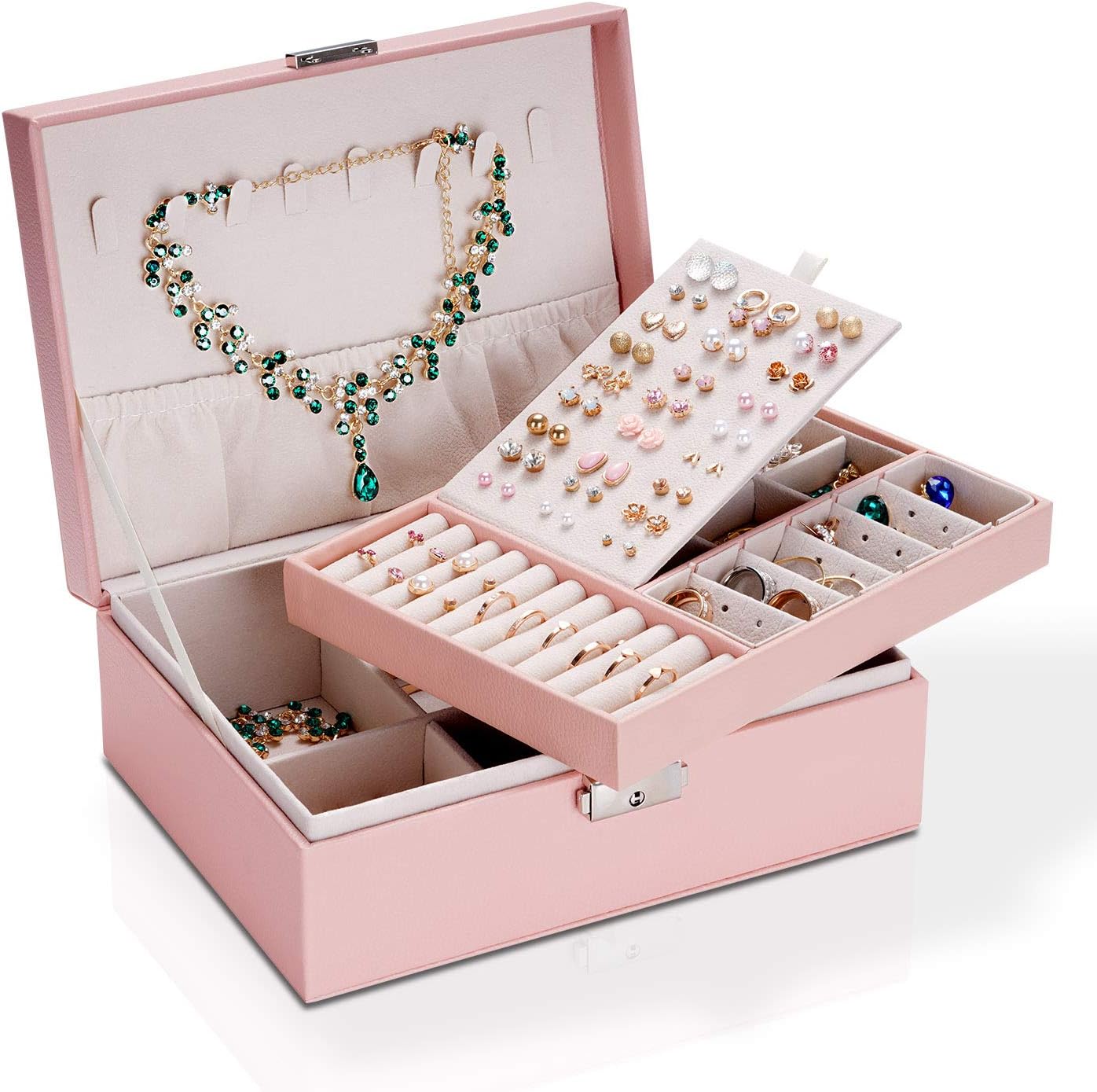 LAIHO Jewelry Organizer Box, Jewelry Boxes for Women PU Leather, Two Layer Jewelry Storage Holder with 74 Stud Hole and Lock, Jewelry Holder for Earring Ring Necklace Gifts for Girls, Ladies' Birthdays Valentine’s(Black): Home Improvement