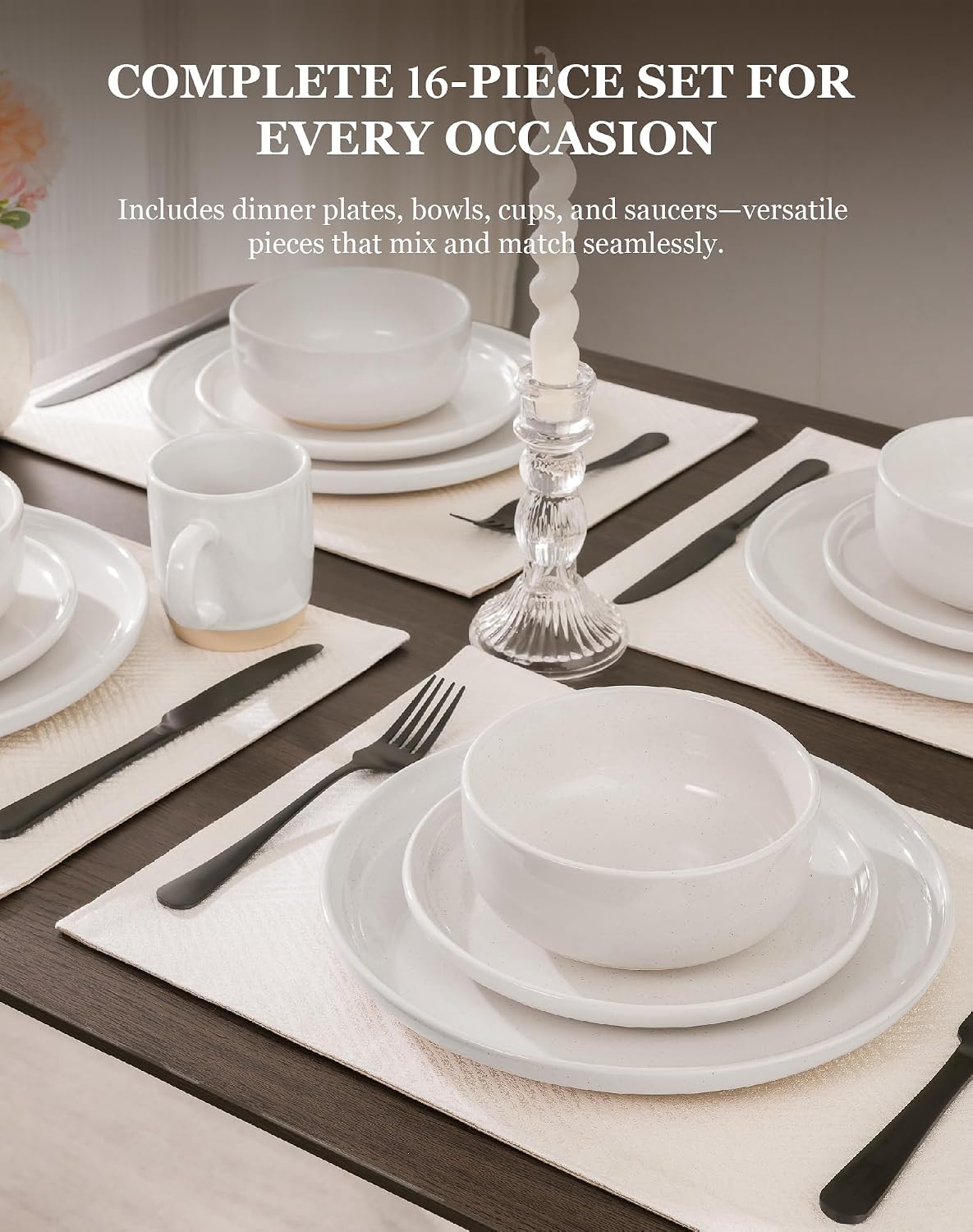 OTAGO 16-Piece Stoneware Dinnerware Set for 4 with Mugs, Plates and Bowls Sets with Partially Unglazed Base, Scratch Resistant Ceramic Dish Set, Microwave & Dishwasher Safe for Kitchen,White