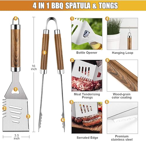 Miniatura 9 de Cifaisi Juego de accesorios para parrilla de barbacoa, 38 piezas de acero inoxidable, accesorios para parrilla con funda de aluminio, termómetro,
