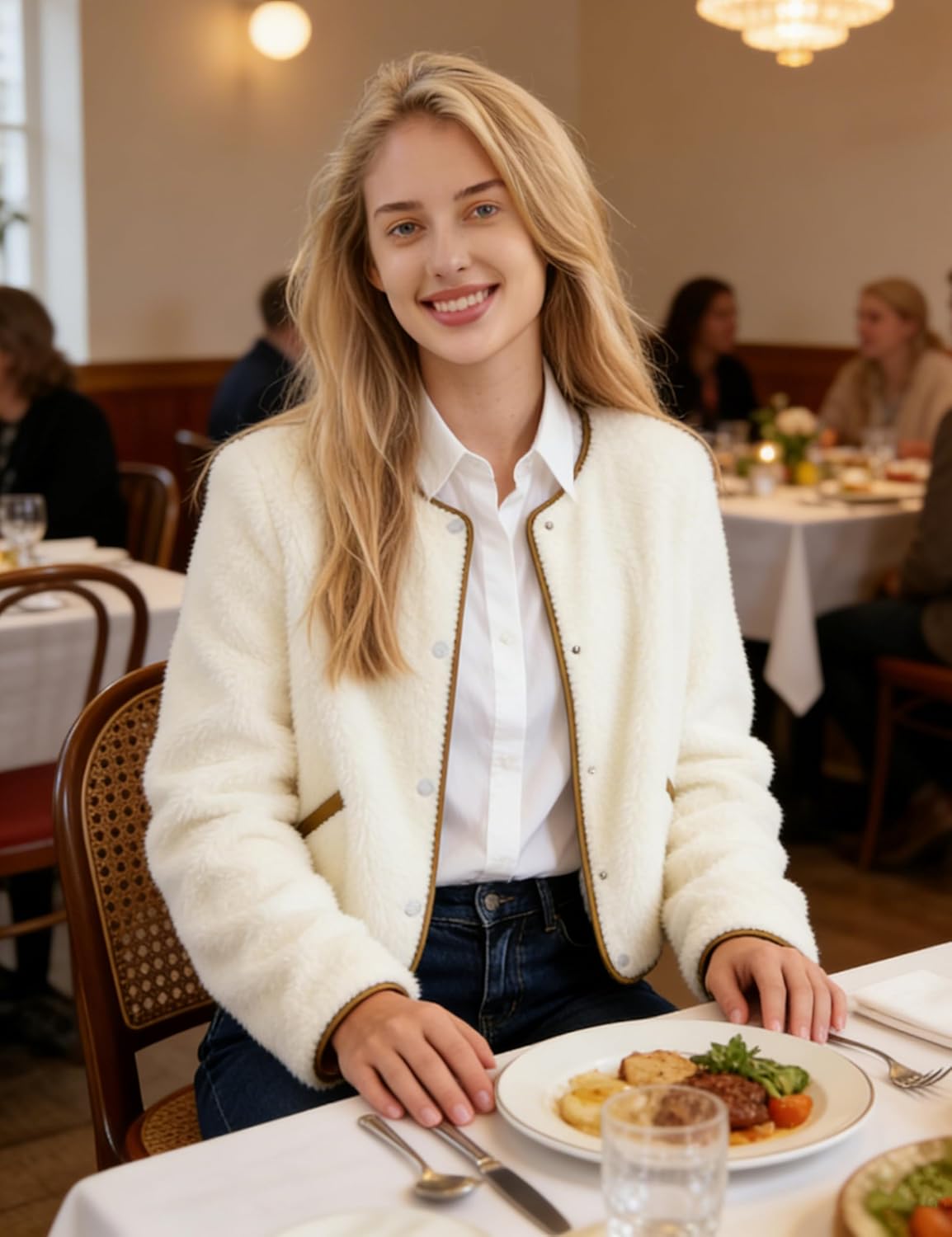 Womens Fleece Jacket Fuzzy Casual Long Sleeve Round Neck Button Down Coat Sherpa Outwear with Pockets - Image 3