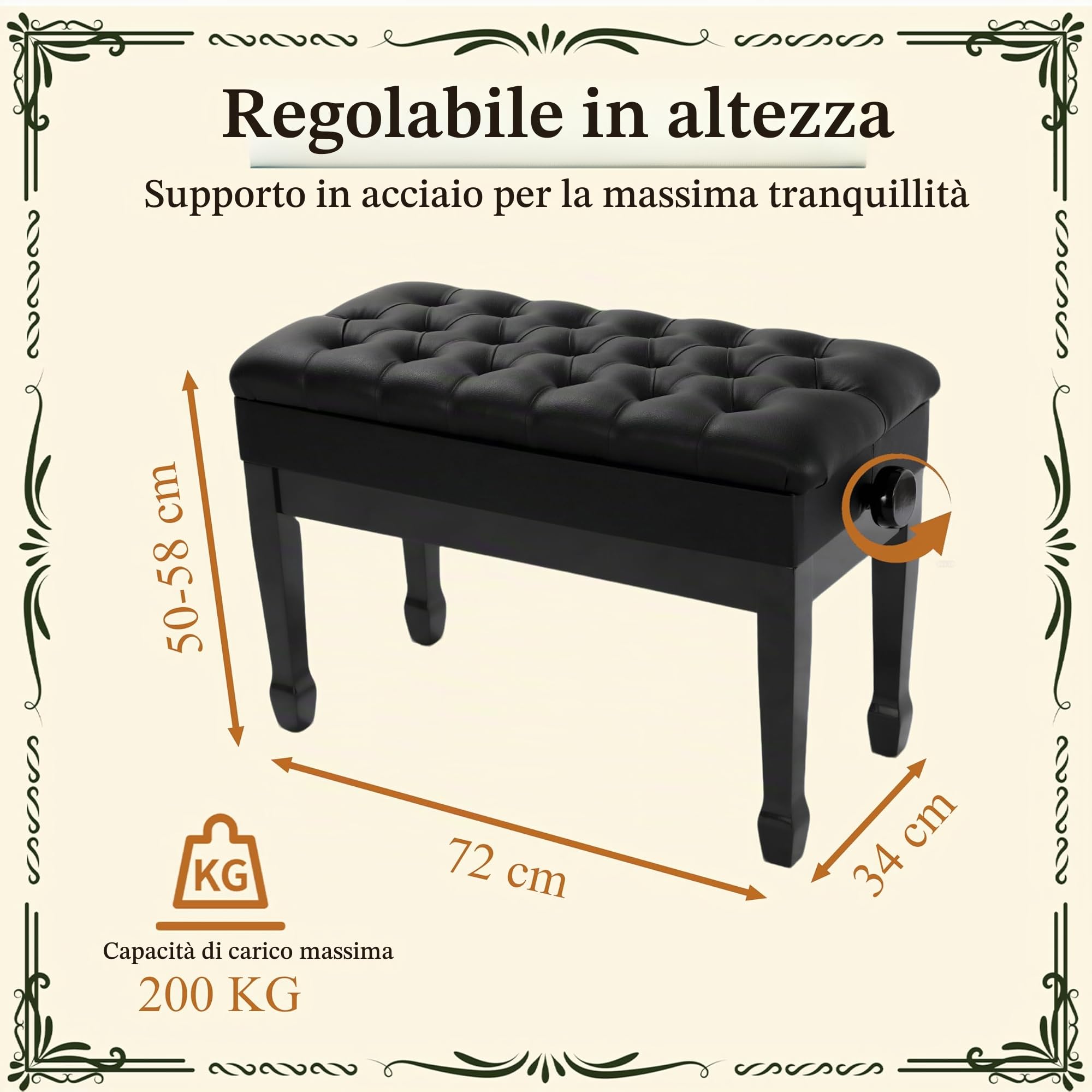 Clevich Sgabello per Pianoforte Duetto, Regolabile in Altezza 50 – 58 cm, con Vano Portaoggetti, Panca per Pianoforte con Cuscino in Pelle PU, con Gambe Curve in Legno, Portata Fino a 200 kg, Nero