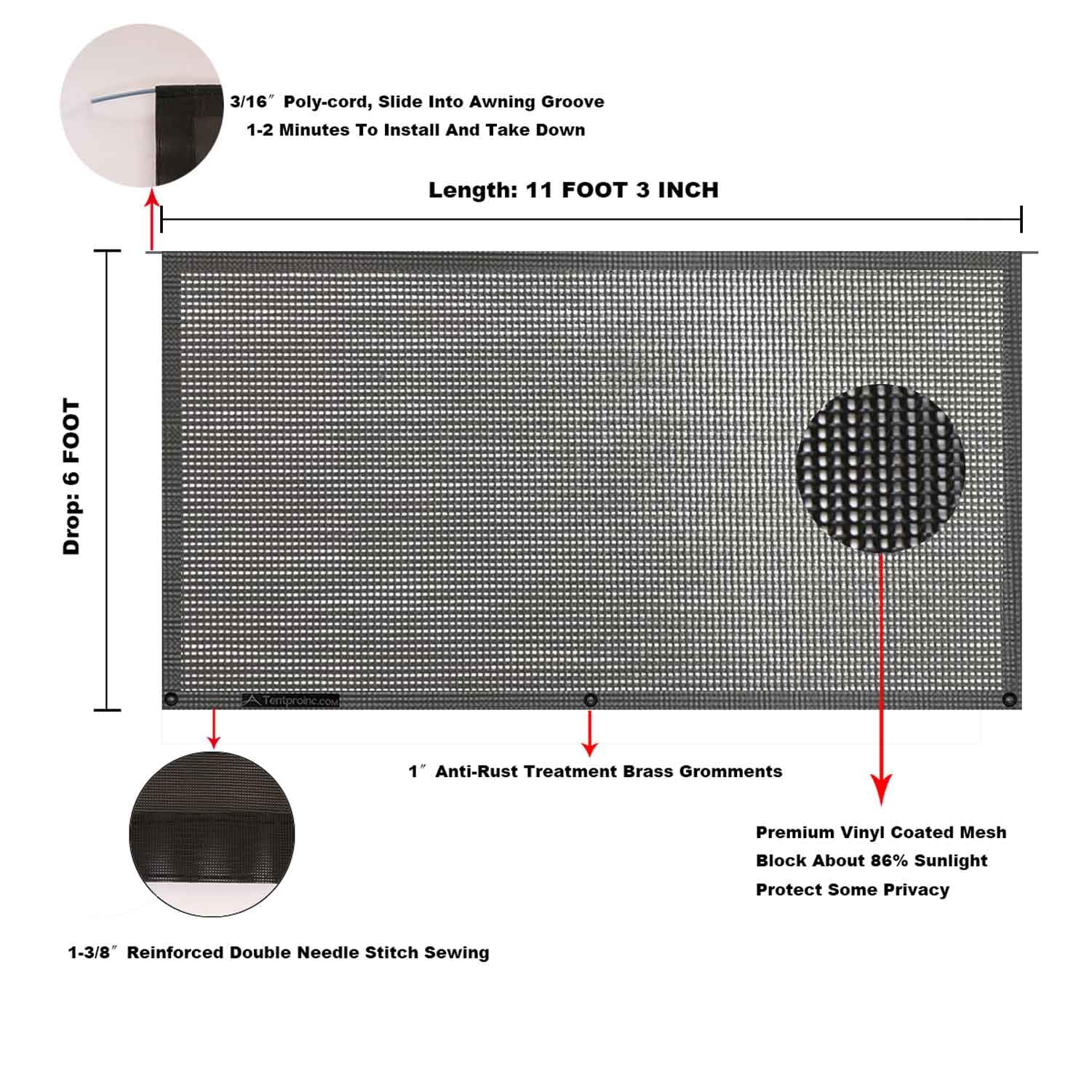 Tentproinc - Parasol para toldo de Caravana de 1,8 x 3,5 m (Apto para toldo de 3,7 m), de Malla, protección Solar, bloquea los Rayos UV (Negro)