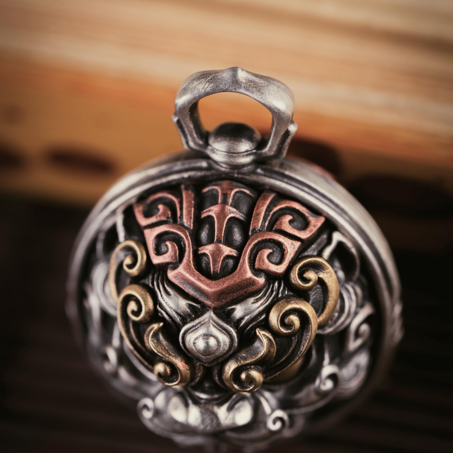 COPPERTIST.WU TaoTie Tiger Bell Dekor Glocken Schlüsselanhänger mit Schlüsselring, Haustier Bell Anhänger für Halskette, Messing & Kupfer & Silber