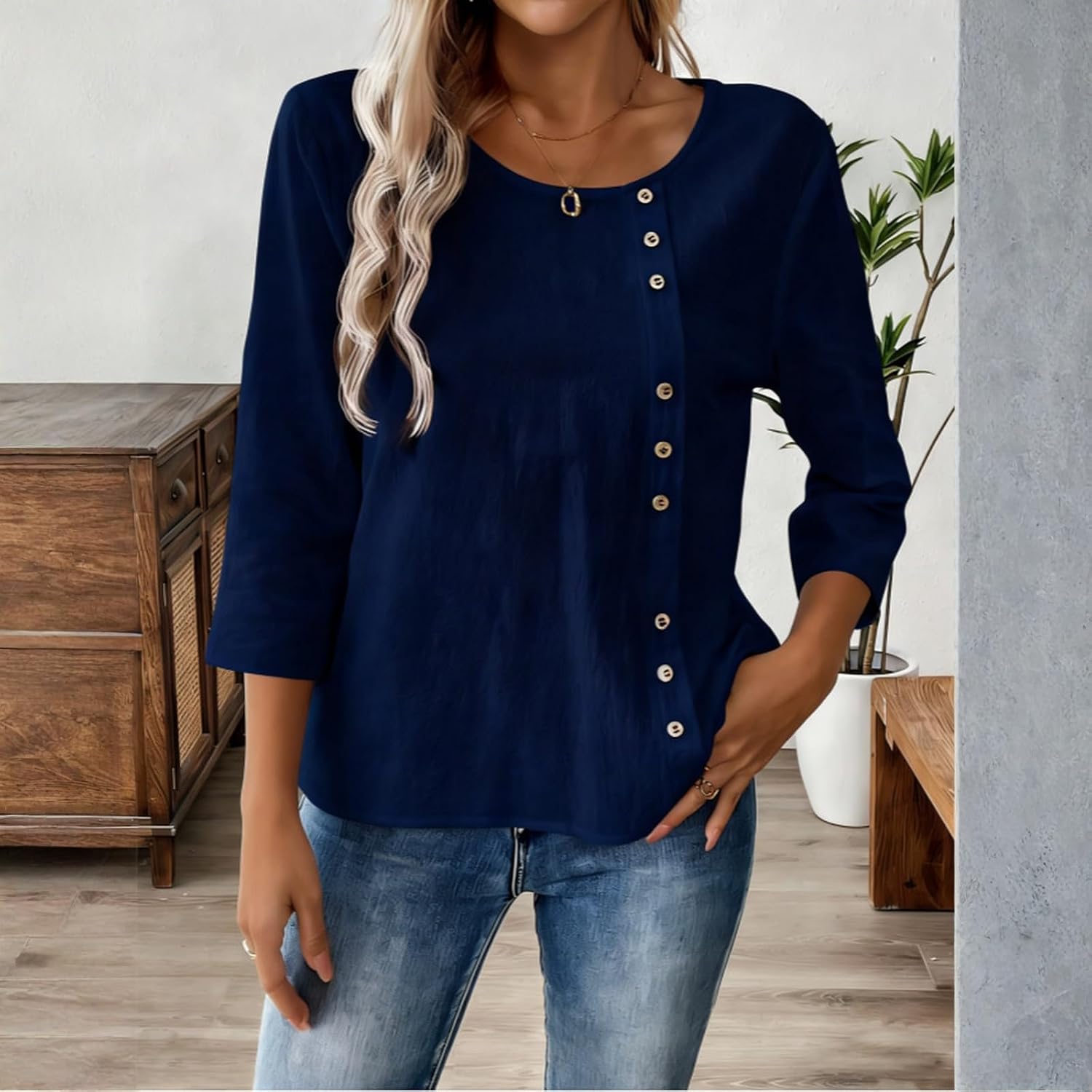 Womens Casual Loose Fit 34 Sleeve Blouse with Asymmetric Button Design Crew Neck Lightweight Top for