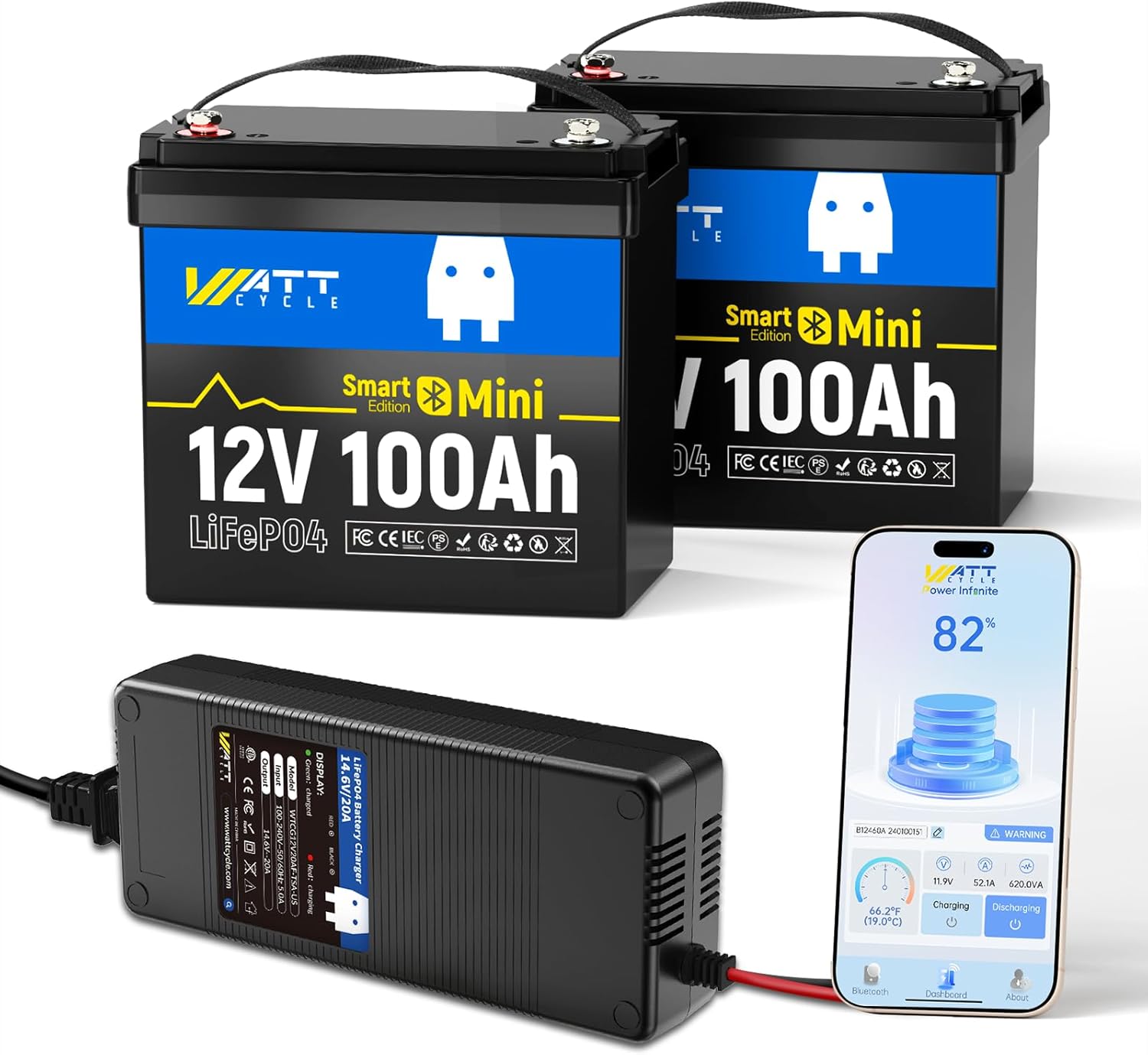 12V 100Ah LiFePO4 Bluetooth Battery (2 Pack) with 14.6V 20A Lithium Battery Charger, BCI Group 24,100A Smart BMS, Phone Bluetooth Monitoring, 15000 deep Cycles, Marine Trolling Motor RV