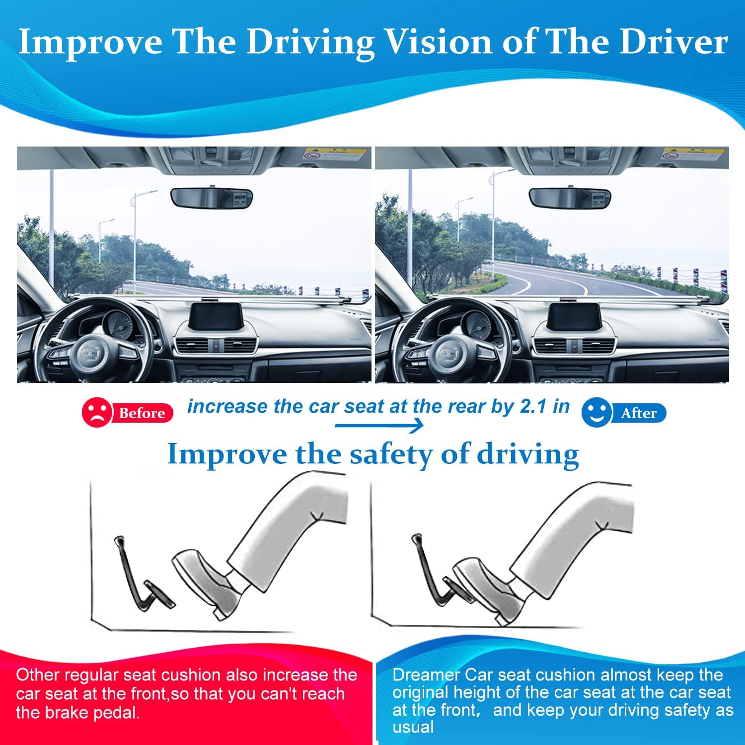 Dreamer Car Seat Cushion for Car Seat Driver to Improve Driving View - Memory Foam Wedge Shape Car Seat Cushions for Driving to Promote Healthy Driving Posture (Black) : Automotive