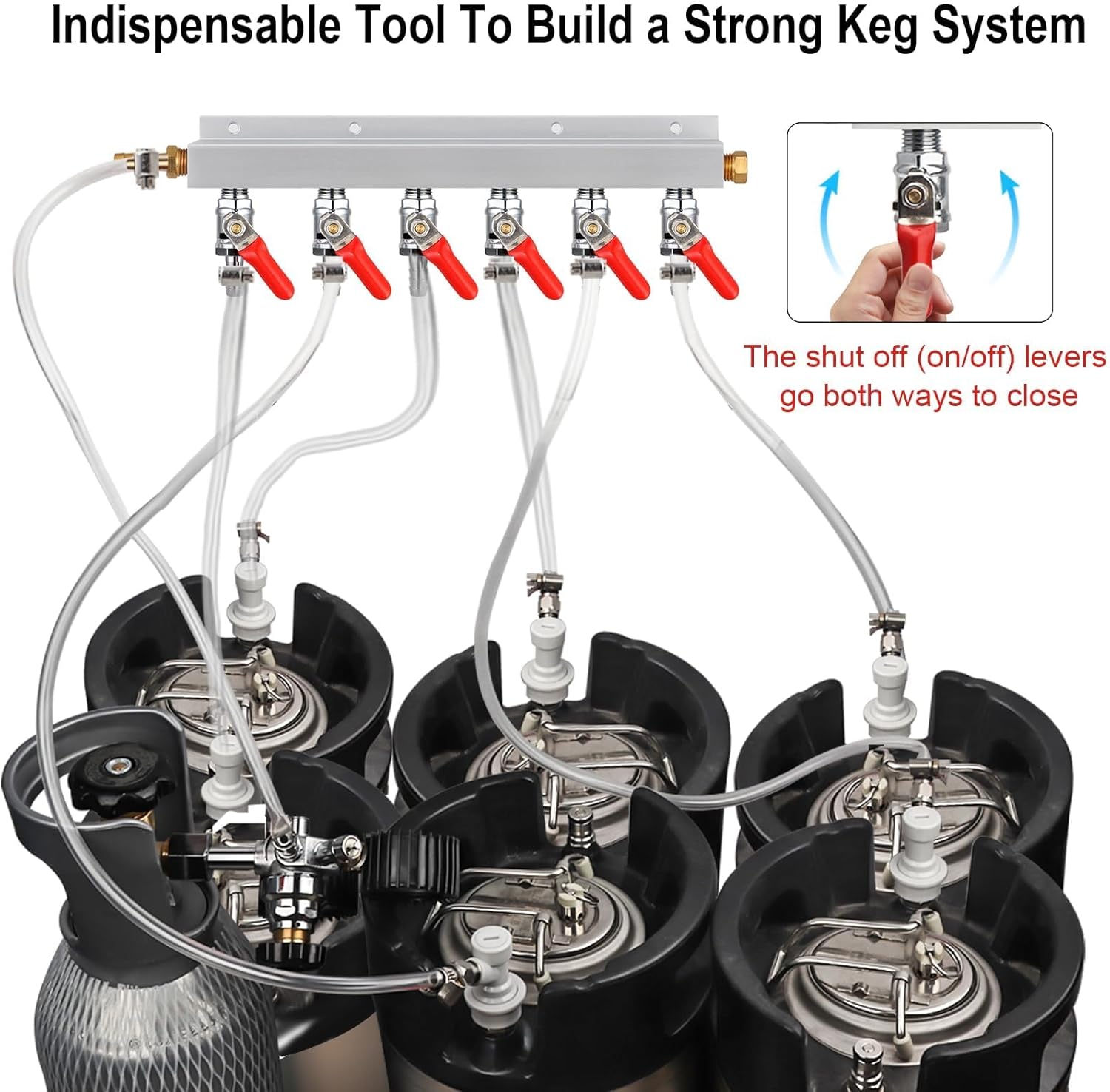 MRbrew Gas Manifold CO2 Gas Distributor, 5/16'' Barb Fitting Beer Kegerator Splitter, 6-Way Air Distributor with Integrated Check Valves & Hose Clamps