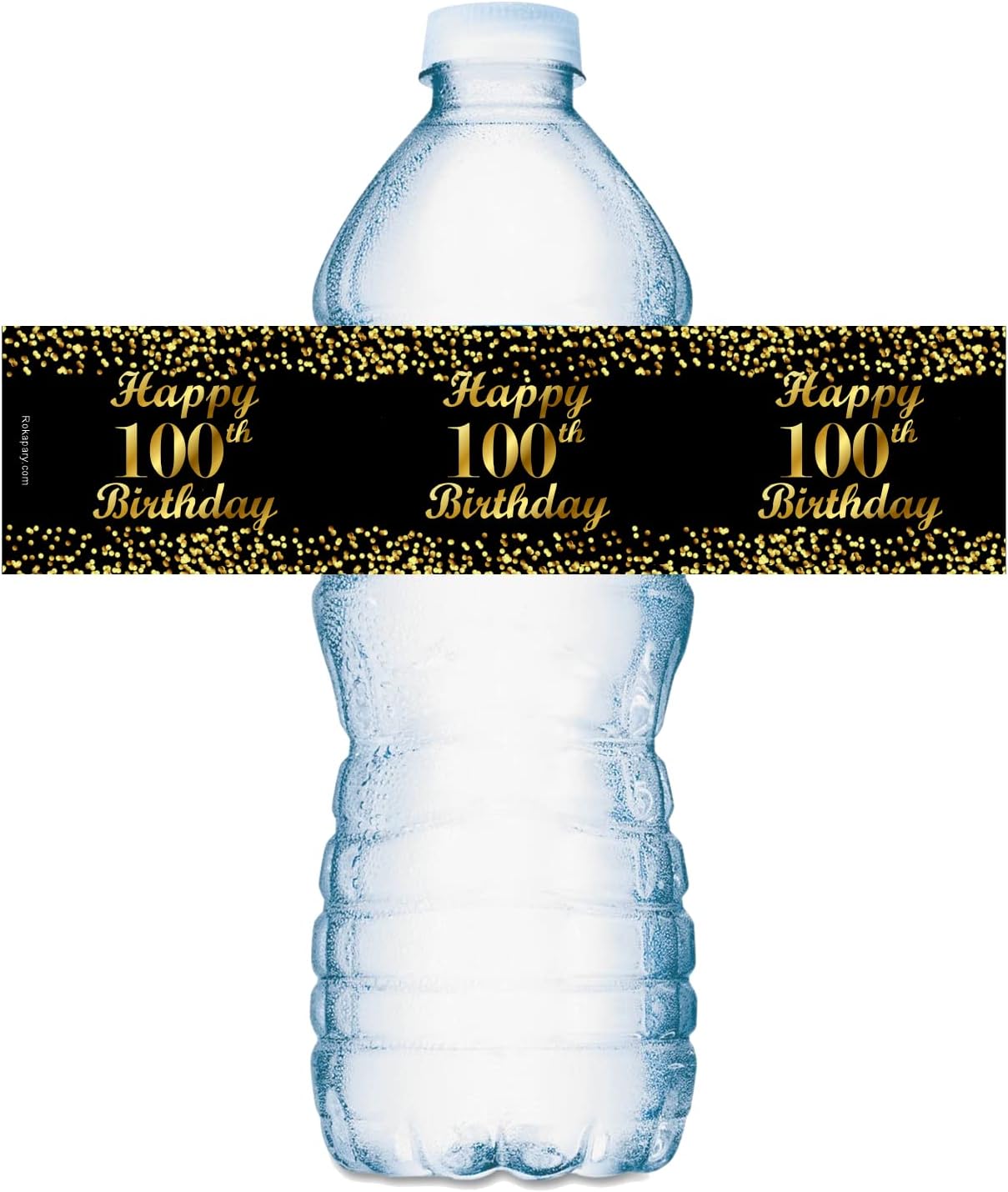 100th Birthday Black Water Bottle Labels; Set of 25 Waterproof Water Bottle Wrappers; Gold and Black Stickers. Happy Birthday Labels. Made in USA.